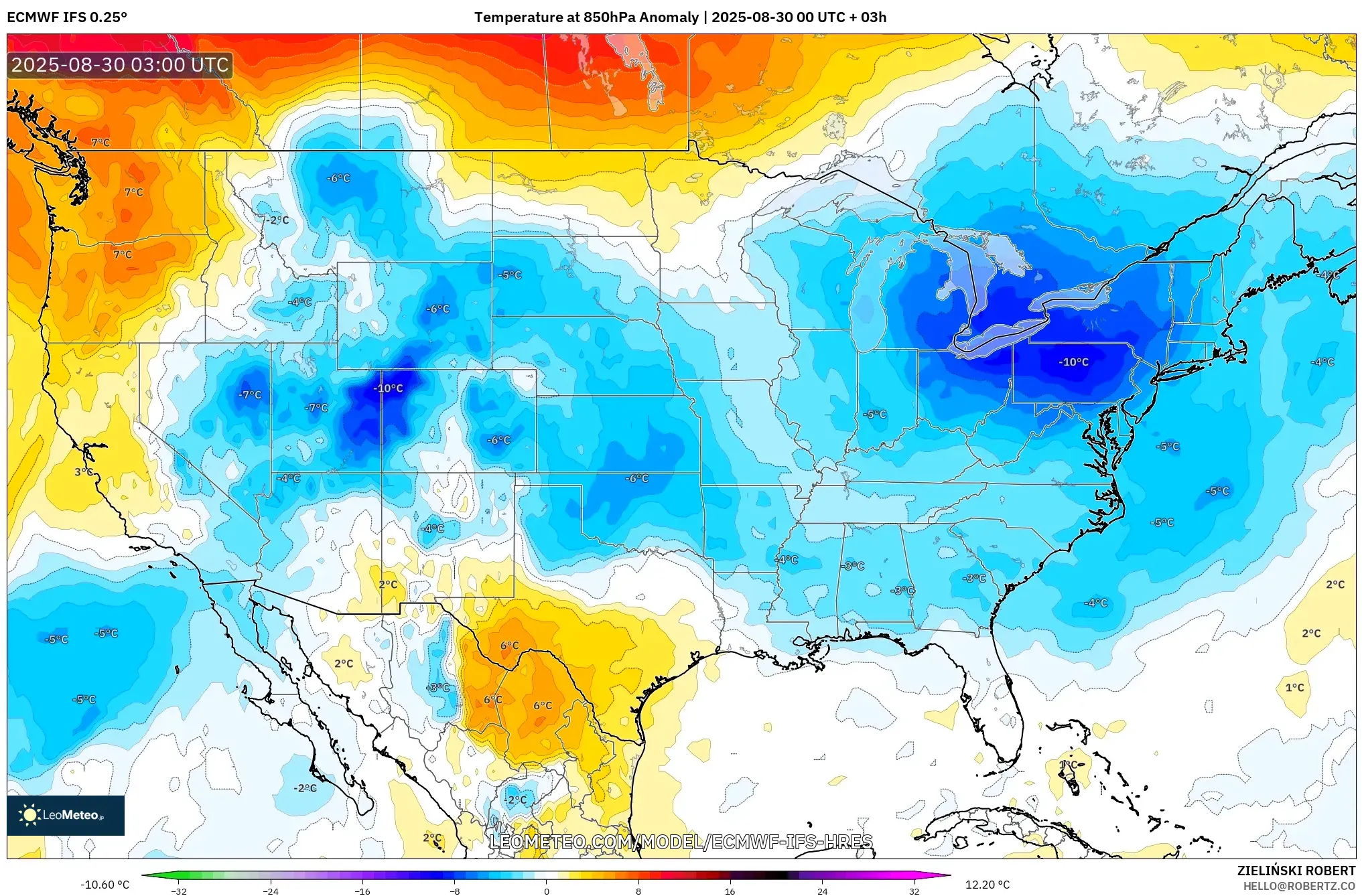 ECMWF IFS 0.25° model - United States, Temperature at 850hPa Anomaly
