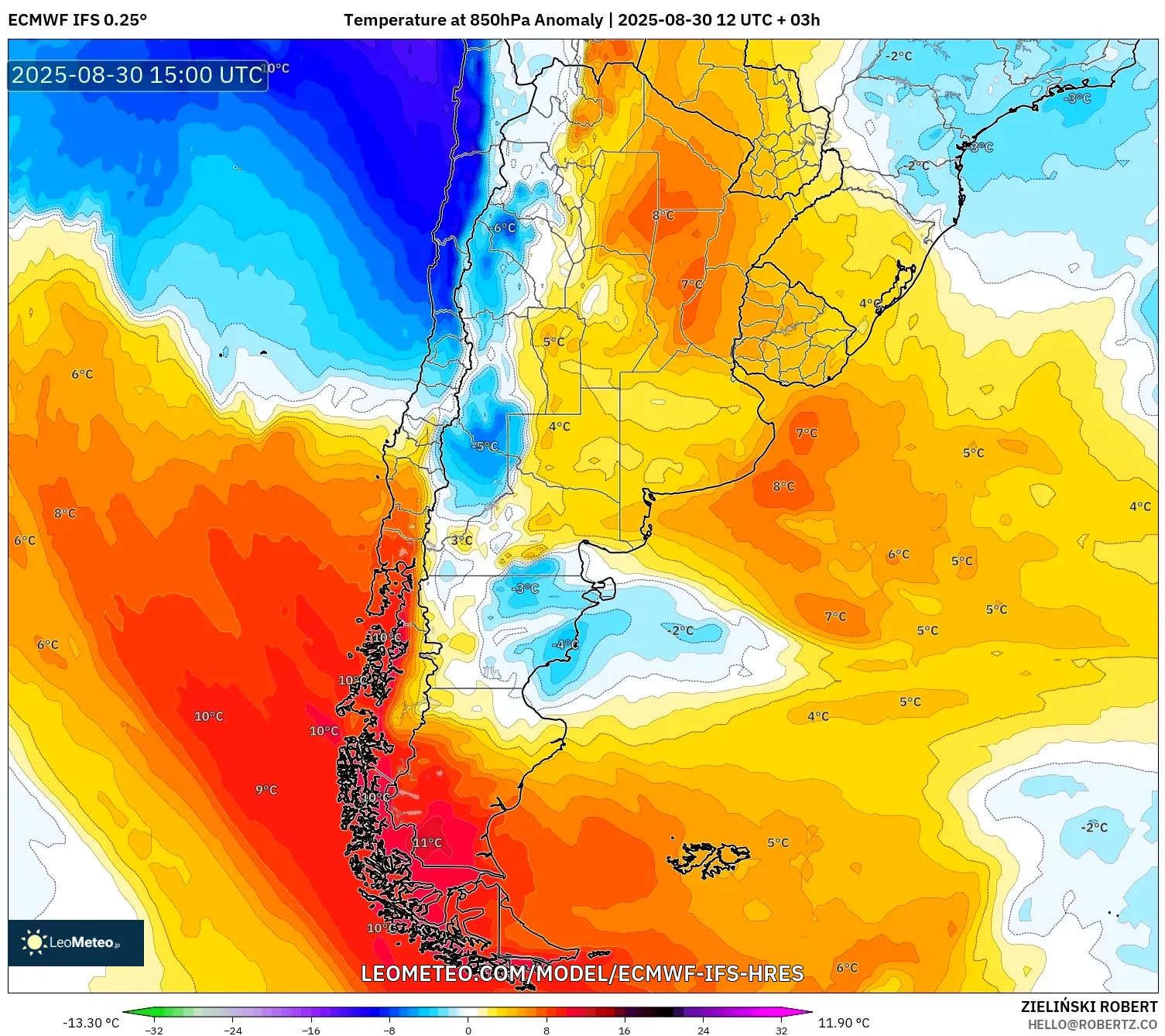 ECMWF IFS 0.25° model - Argentina, Temperature at 850hPa Anomaly ECMWF IFS 0.25° model - Argentina, Temperature at 850hPa Anomaly