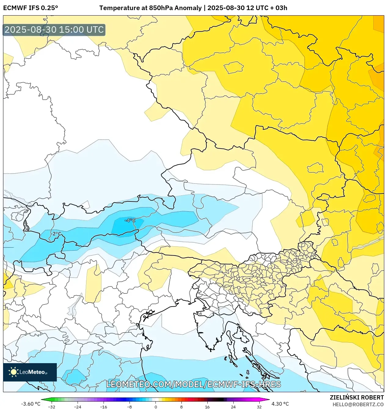 ECMWF IFS 0.25° model - Austria, Temperature at 850hPa Anomaly ECMWF IFS 0.25° model - Austria, Temperature at 850hPa Anomaly