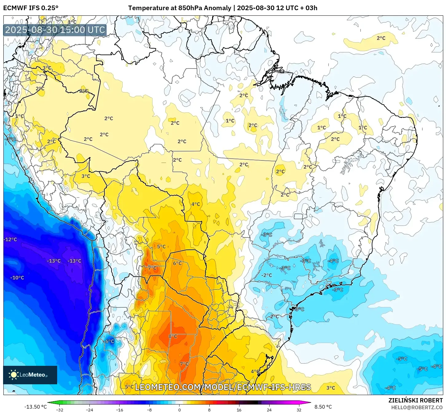 ECMWF IFS 0.25° model - Brazil, Temperature at 850hPa Anomaly ECMWF IFS 0.25° model - Brazil, Temperature at 850hPa Anomaly