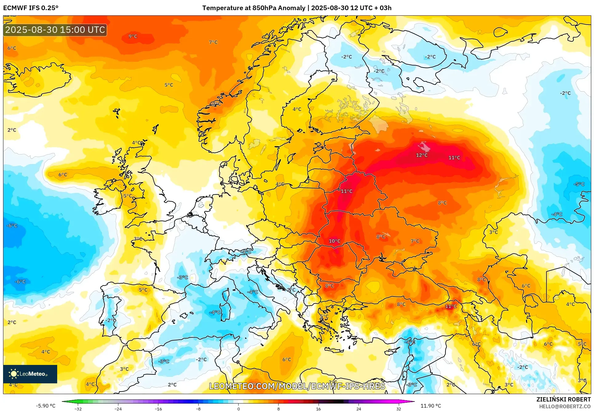 ECMWF IFS 0.25° model - Europe, Temperature at 850hPa Anomaly ECMWF IFS 0.25° model - Europe, Temperature at 850hPa Anomaly