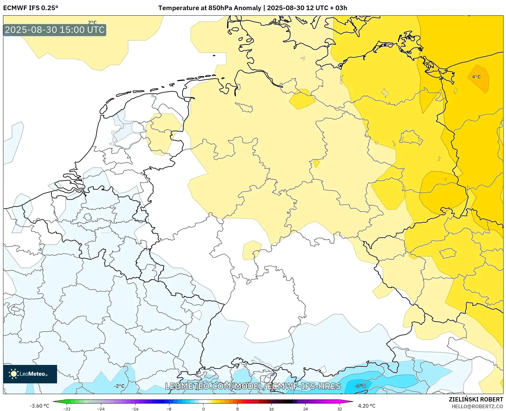 ECMWF IFS 0.25° model - Germany, Temperature at 850hPa Anomaly ECMWF IFS 0.25° model - Germany, Temperature at 850hPa Anomaly