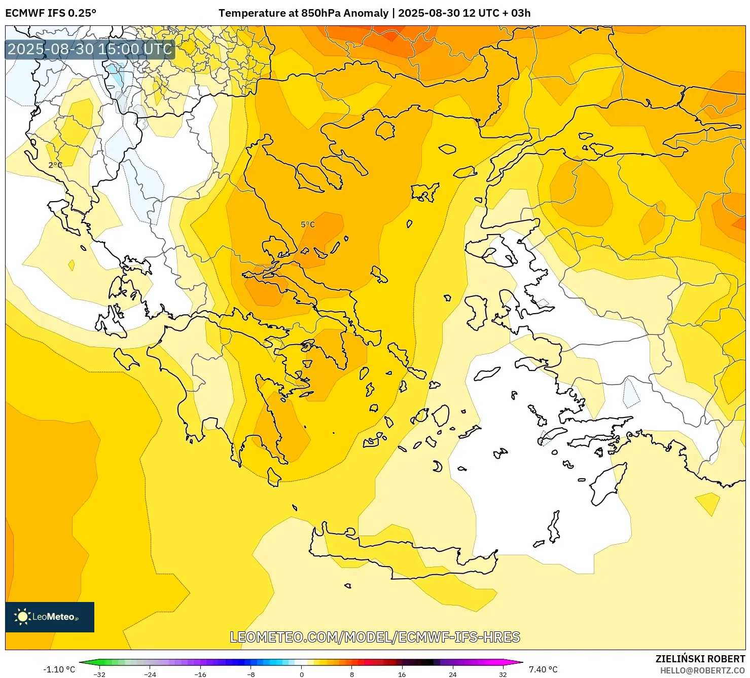 ECMWF IFS 0.25° model - Greece, Temperature at 850hPa Anomaly ECMWF IFS 0.25° model - Greece, Temperature at 850hPa Anomaly