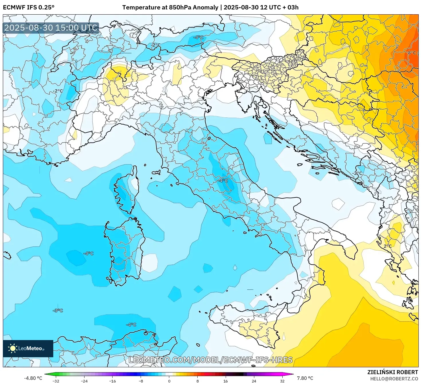 ECMWF IFS 0.25° model - Italy, Temperature at 850hPa Anomaly ECMWF IFS 0.25° model - Italy, Temperature at 850hPa Anomaly