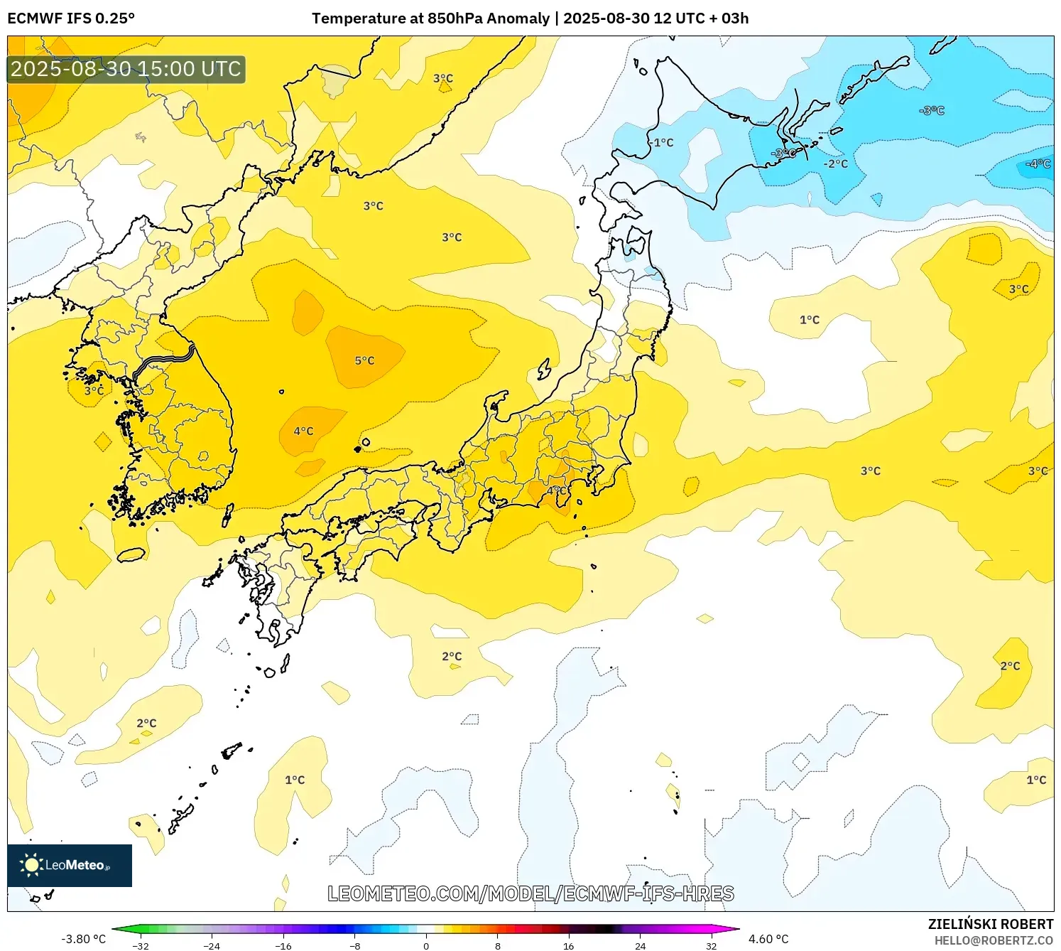 ECMWF IFS 0.25° model - Japan, Temperature at 850hPa Anomaly ECMWF IFS 0.25° model - Japan, Temperature at 850hPa Anomaly