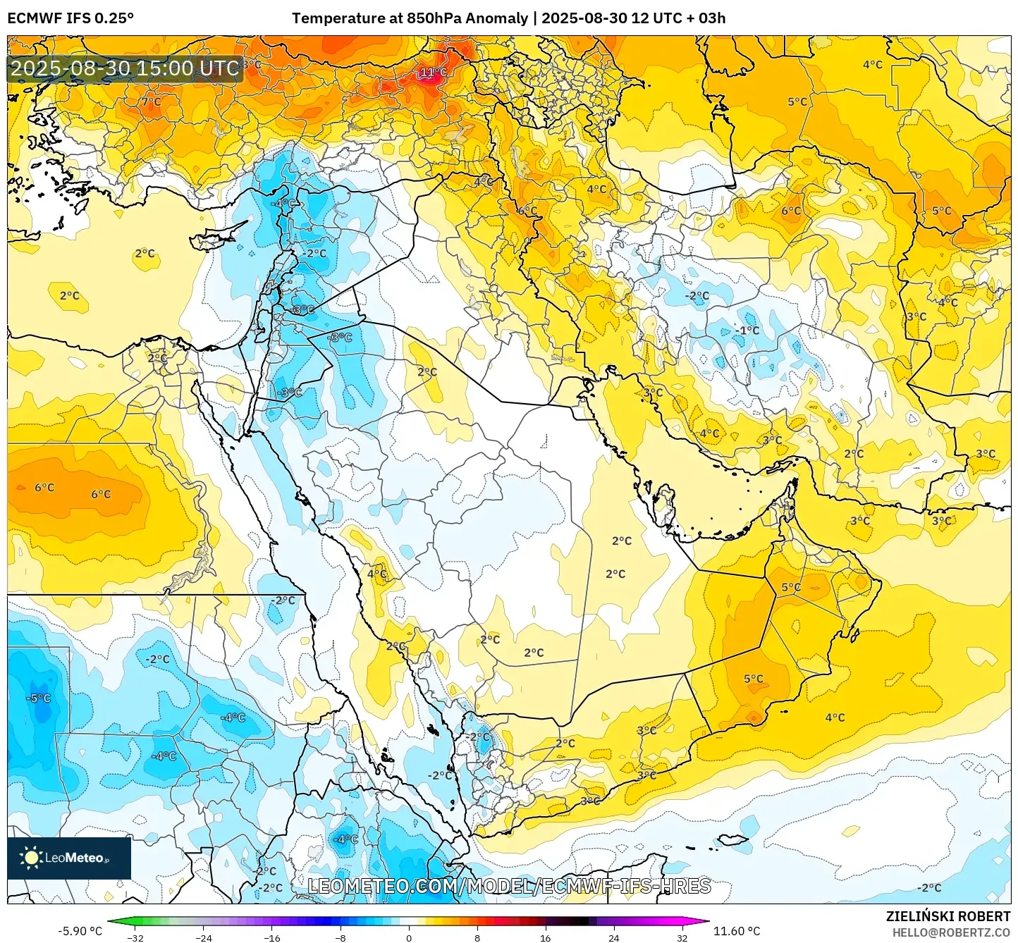 ECMWF IFS 0.25° model - Middle East, Temperature at 850hPa Anomaly ECMWF IFS 0.25° model - Middle East, Temperature at 850hPa Anomaly