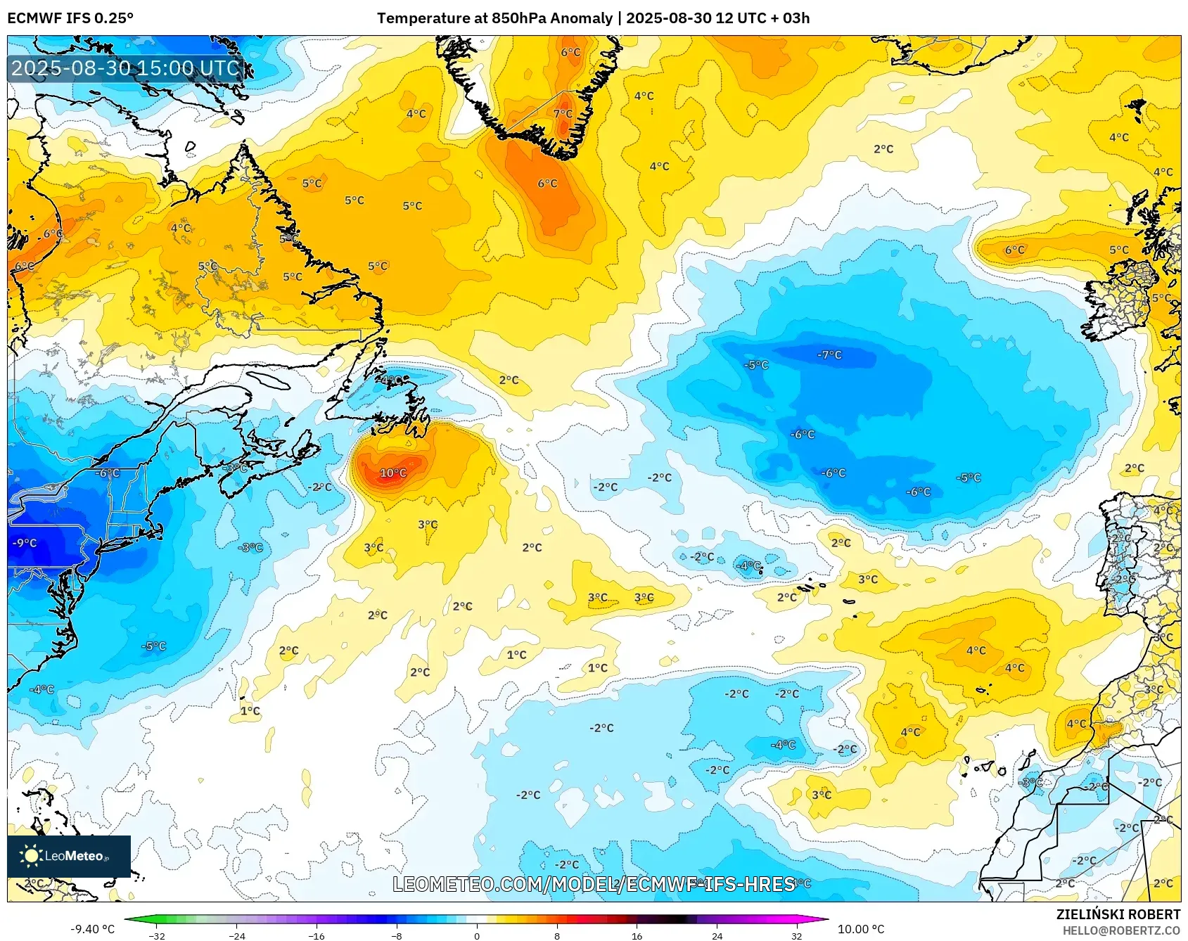 ECMWF IFS 0.25° model - North Atlantic, Temperature at 850hPa Anomaly ECMWF IFS 0.25° model - North Atlantic, Temperature at 850hPa Anomaly