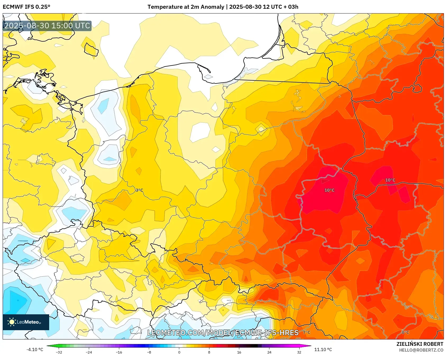 ECMWF IFS 0.25° model - Poland, Temperature at 2m Anomaly ECMWF IFS 0.25° model - Poland, Temperature at 2m Anomaly