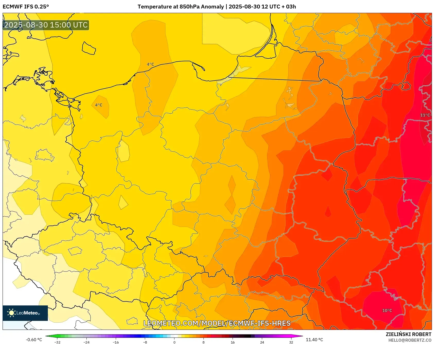 ECMWF IFS 0.25° model - Poland, Temperature at 850hPa Anomaly ECMWF IFS 0.25° model - Poland, Temperature at 850hPa Anomaly