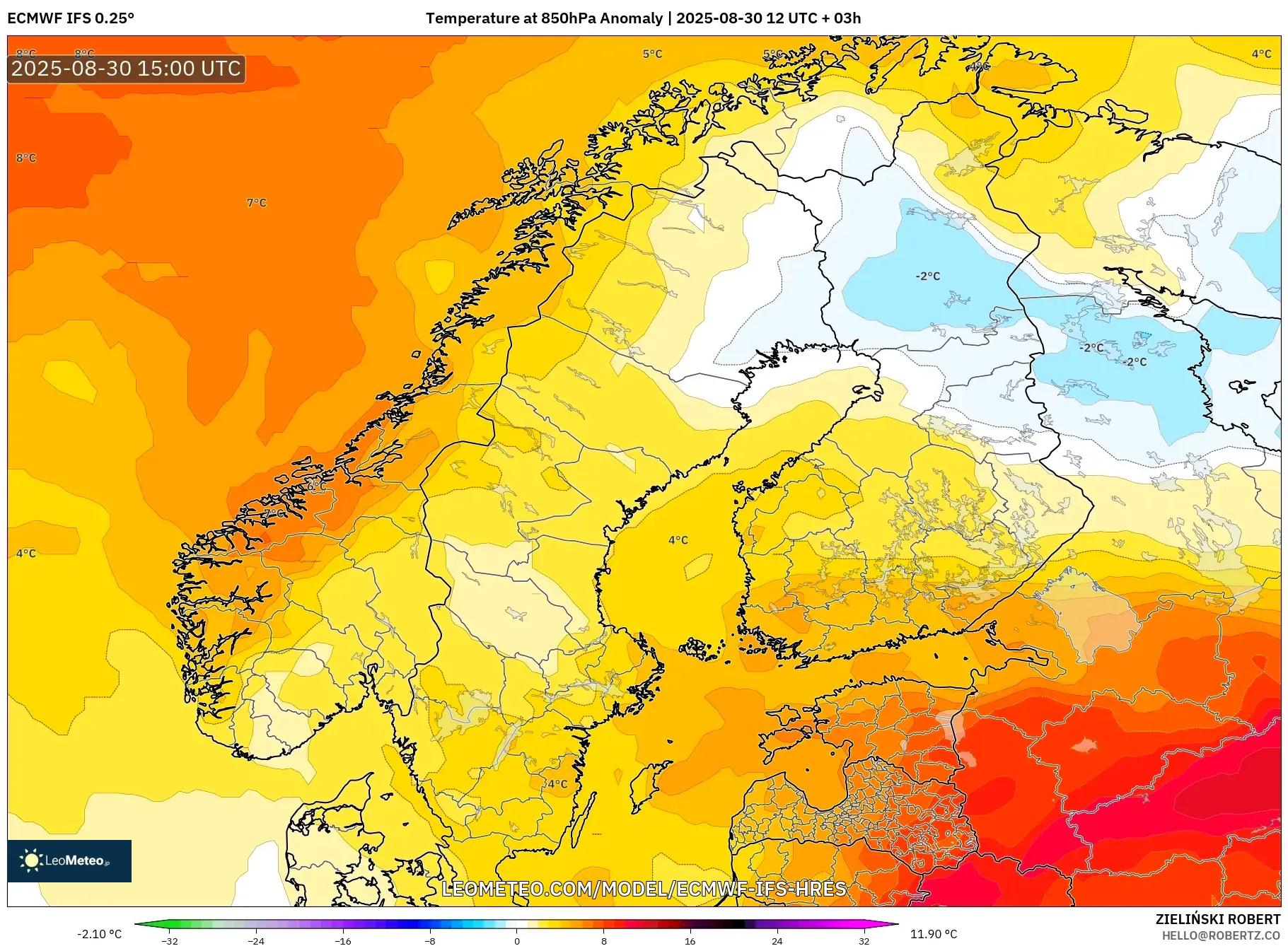 ECMWF IFS 0.25° model - Scandinavia, Temperature at 850hPa Anomaly ECMWF IFS 0.25° model - Scandinavia, Temperature at 850hPa Anomaly