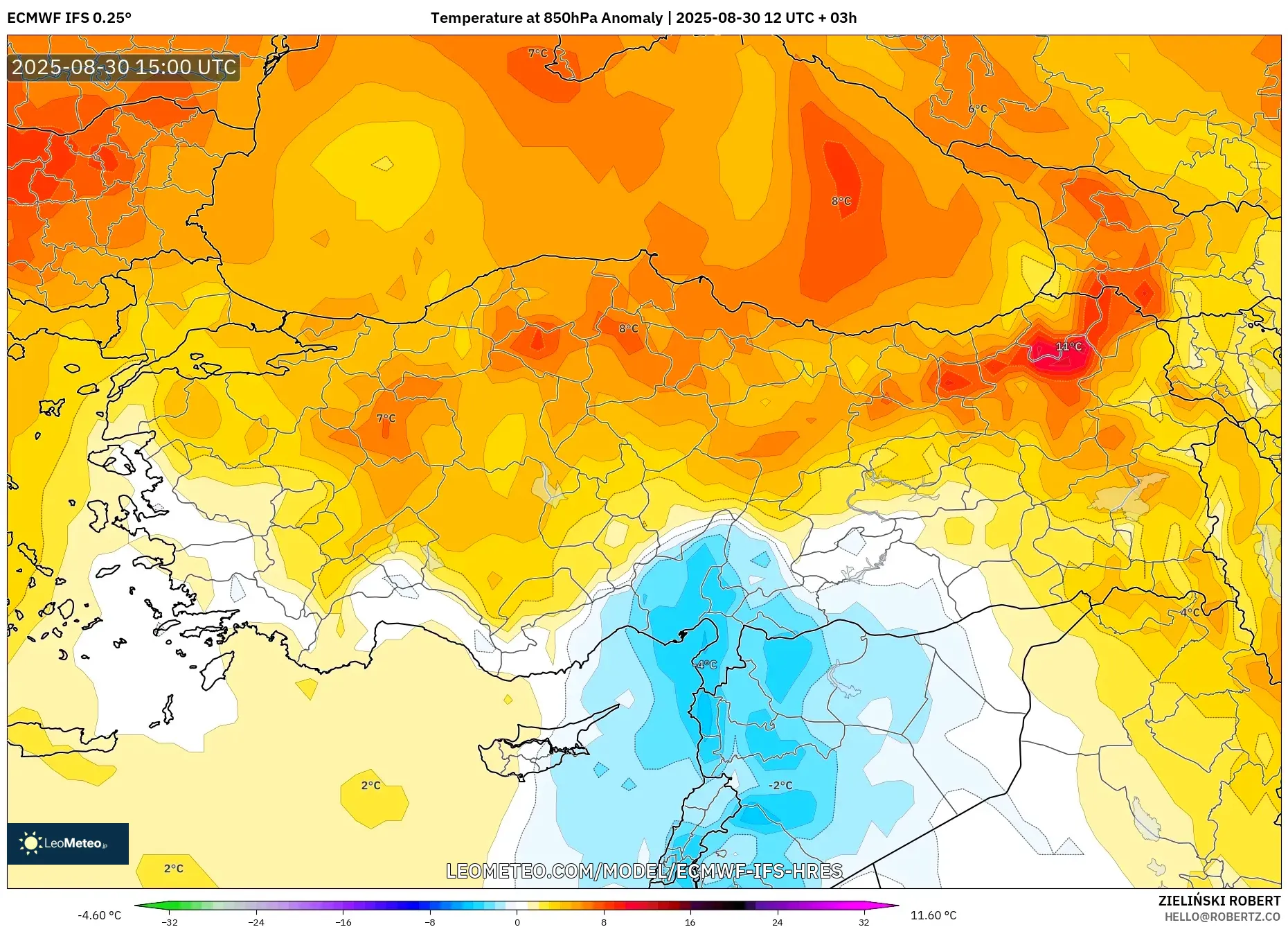 ECMWF IFS 0.25° model - Turkey, Temperature at 850hPa Anomaly ECMWF IFS 0.25° model - Turkey, Temperature at 850hPa Anomaly