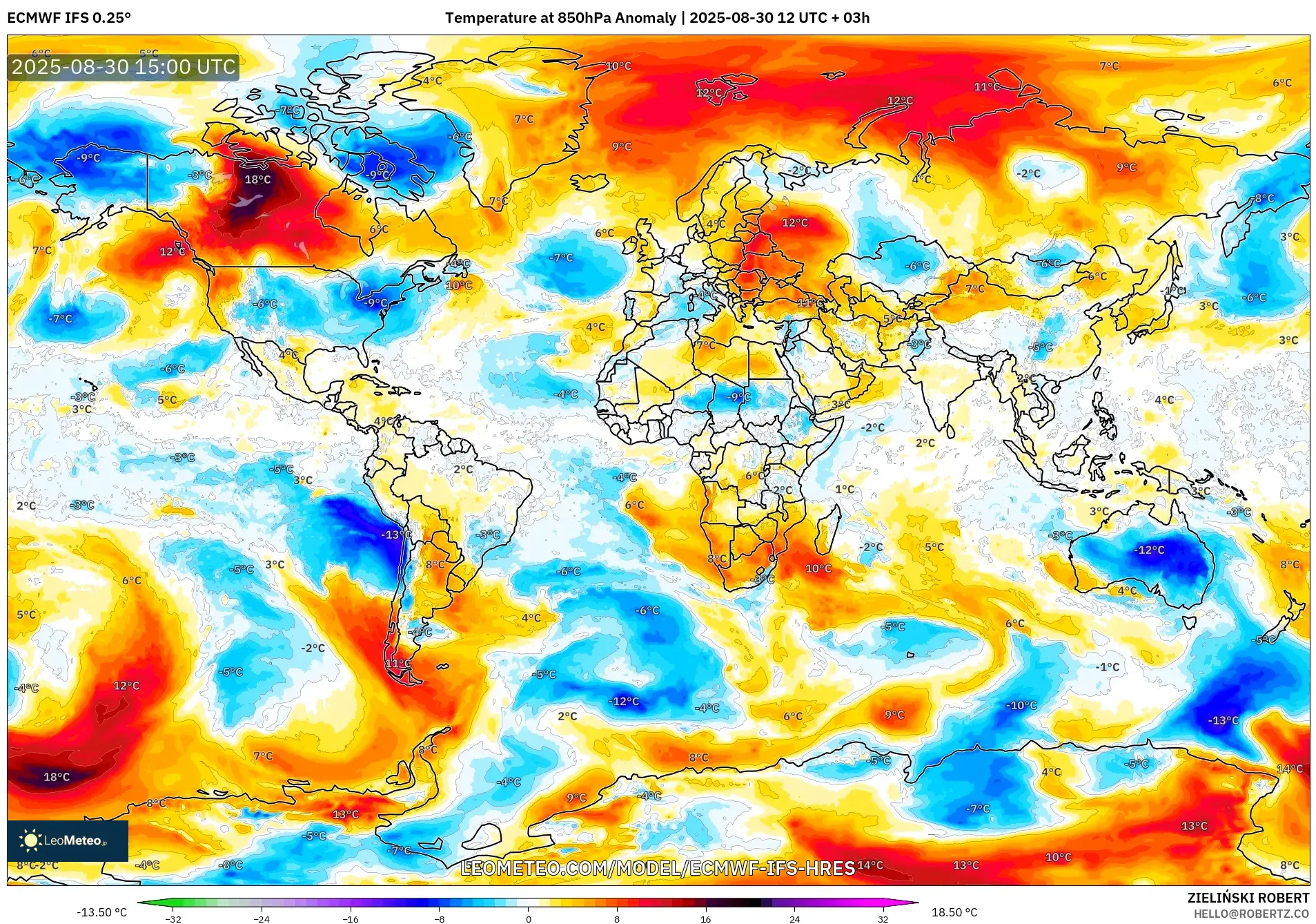 ECMWF IFS 0.25° model - World, Temperature at 850hPa Anomaly ECMWF IFS 0.25° model - World, Temperature at 850hPa Anomaly