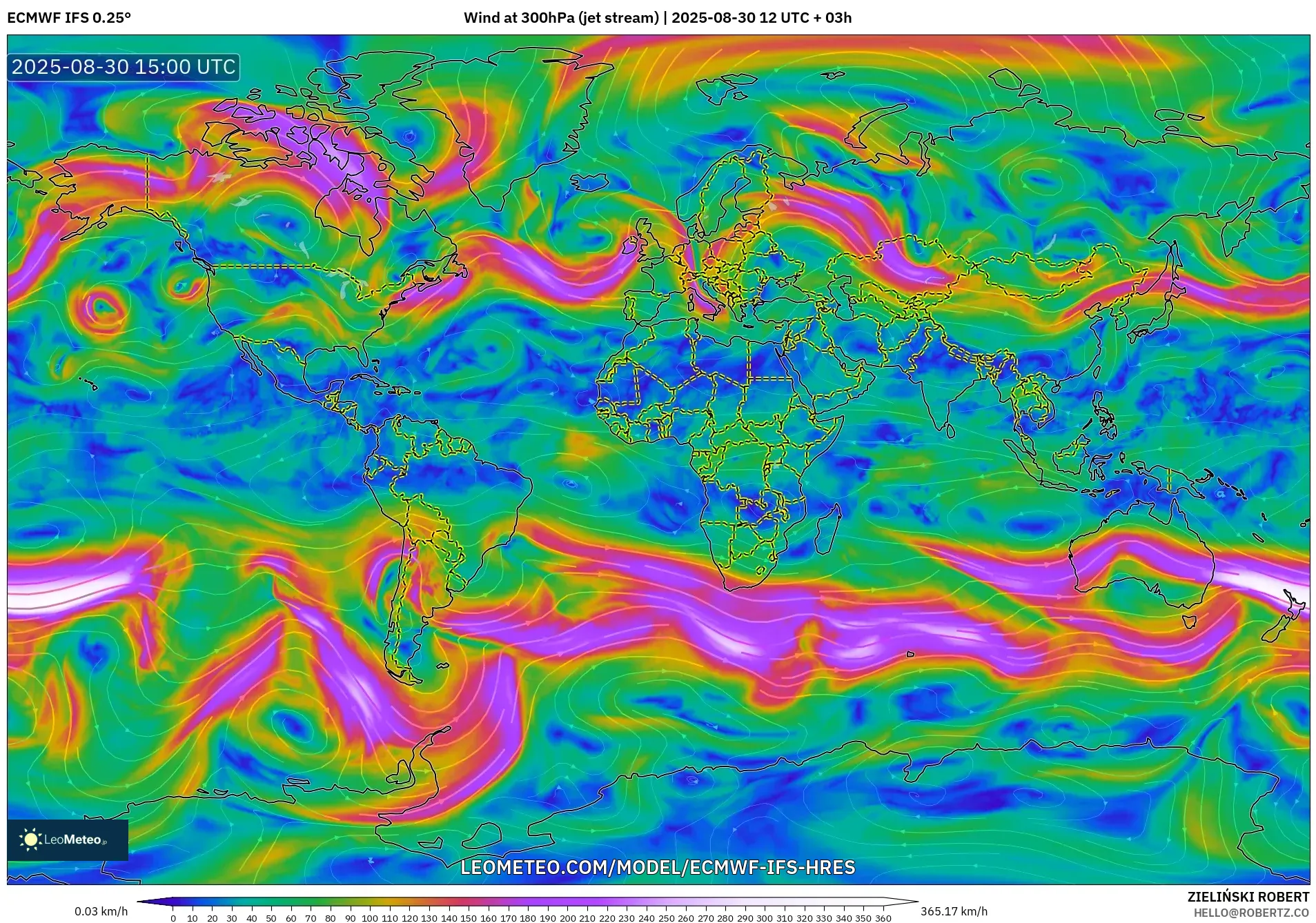ECMWF IFS 0.25° model - World, Wind at 300hPa (jet stream) ECMWF IFS 0.25° model - World, Wind at 300hPa (jet stream)