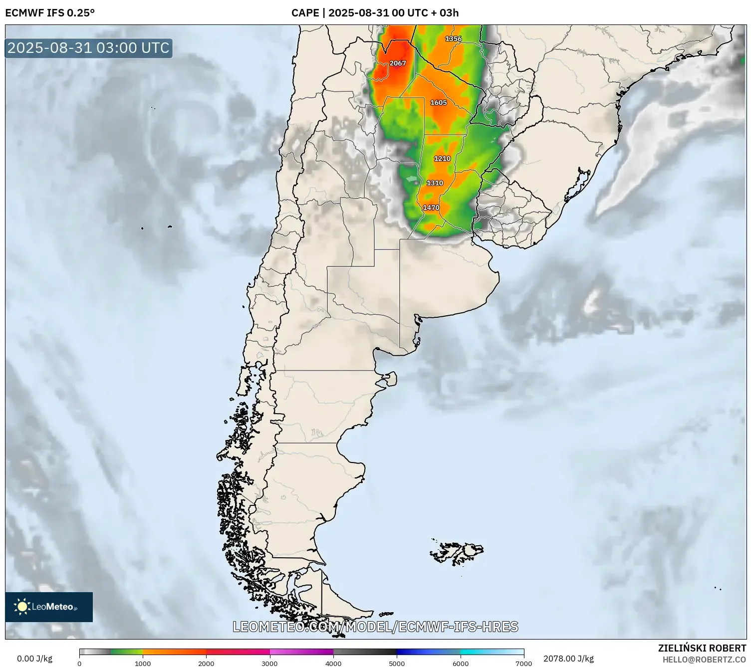 ECMWF IFS 0.25° model - Argentina, CAPE ECMWF IFS 0.25° model - Argentina, CAPE