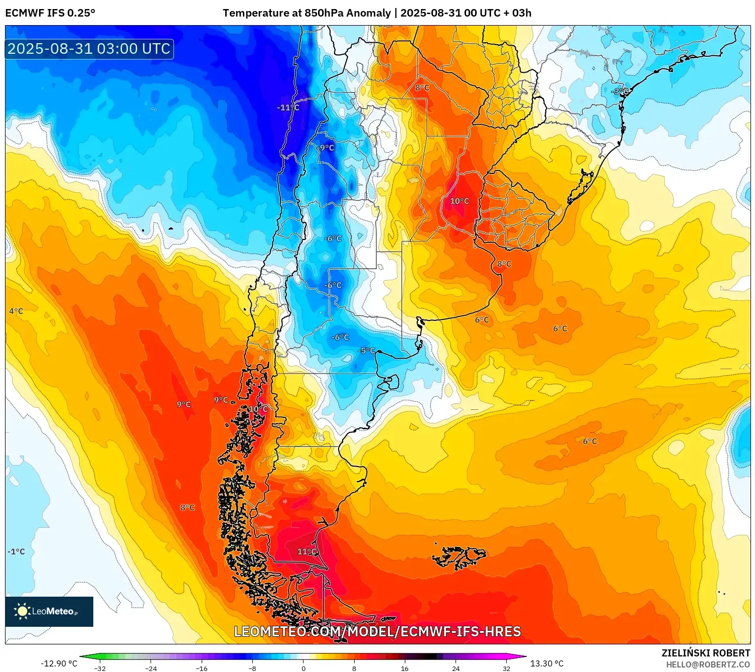 ECMWF IFS 0.25° model - Argentina, Temperature at 850hPa Anomaly ECMWF IFS 0.25° model - Argentina, Temperature at 850hPa Anomaly