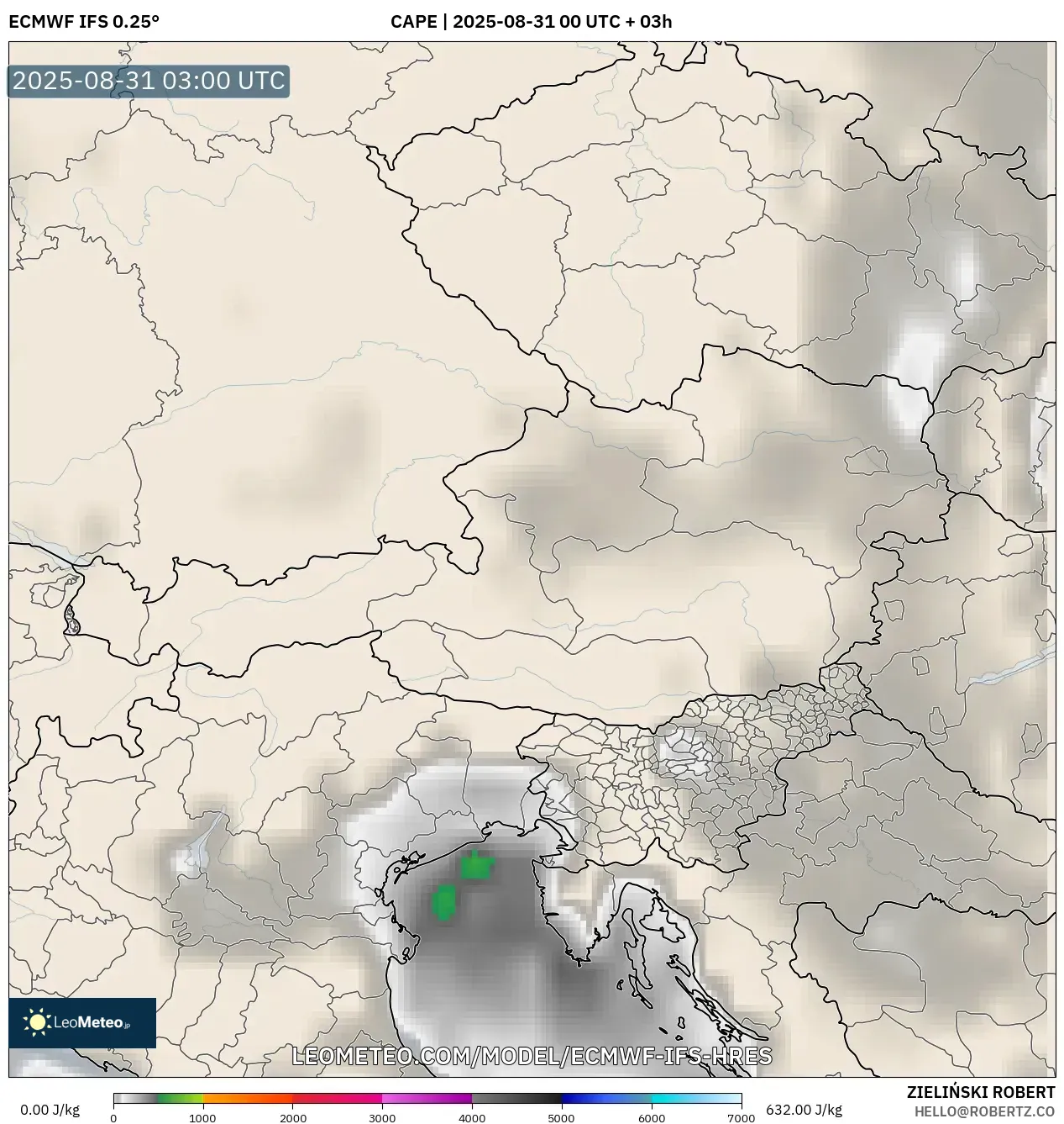 ECMWF IFS 0.25° model - Austria, CAPE ECMWF IFS 0.25° model - Austria, CAPE