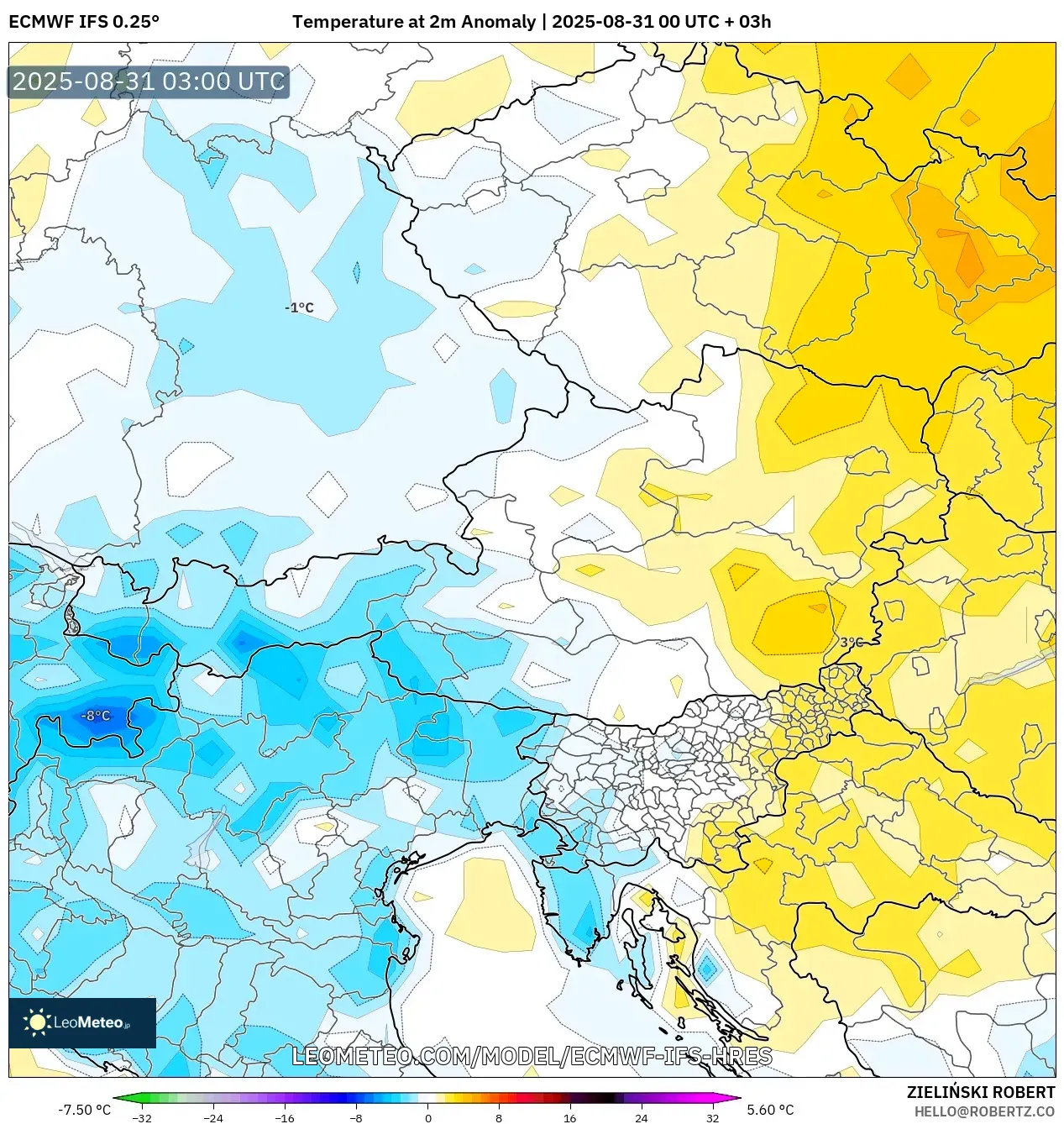 ECMWF IFS 0.25° model - Austria, Temperature at 2m Anomaly ECMWF IFS 0.25° model - Austria, Temperature at 2m Anomaly