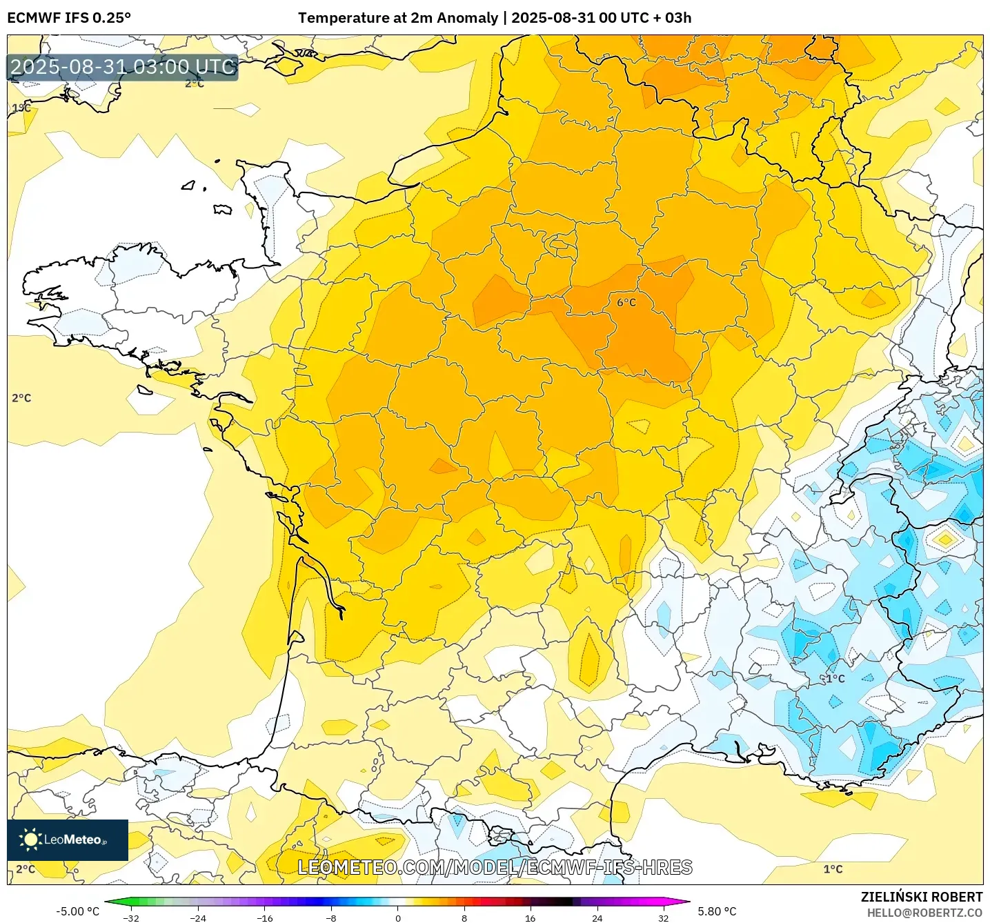 ECMWF IFS 0.25° model - France, Temperature at 2m Anomaly ECMWF IFS 0.25° model - France, Temperature at 2m Anomaly