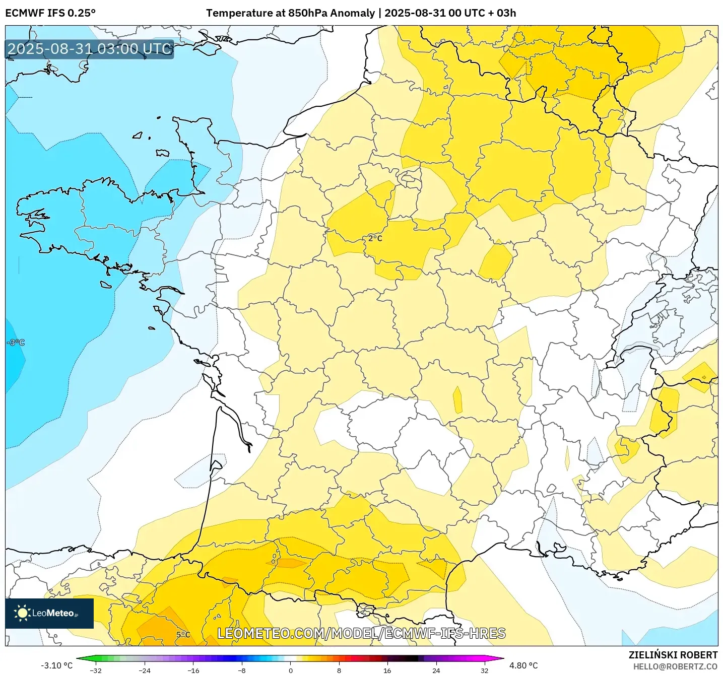 ECMWF IFS 0.25° model - France, Temperature at 850hPa Anomaly