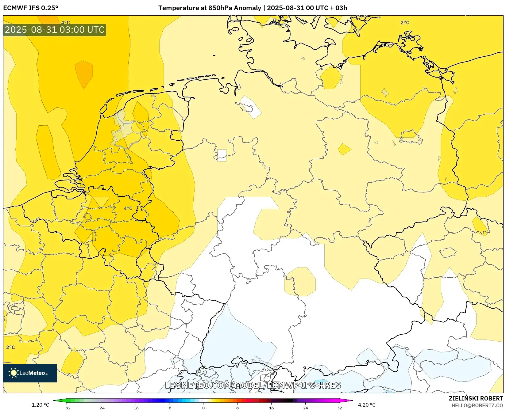 ECMWF IFS 0.25° model - Germany, Temperature at 850hPa Anomaly ECMWF IFS 0.25° model - Germany, Temperature at 850hPa Anomaly