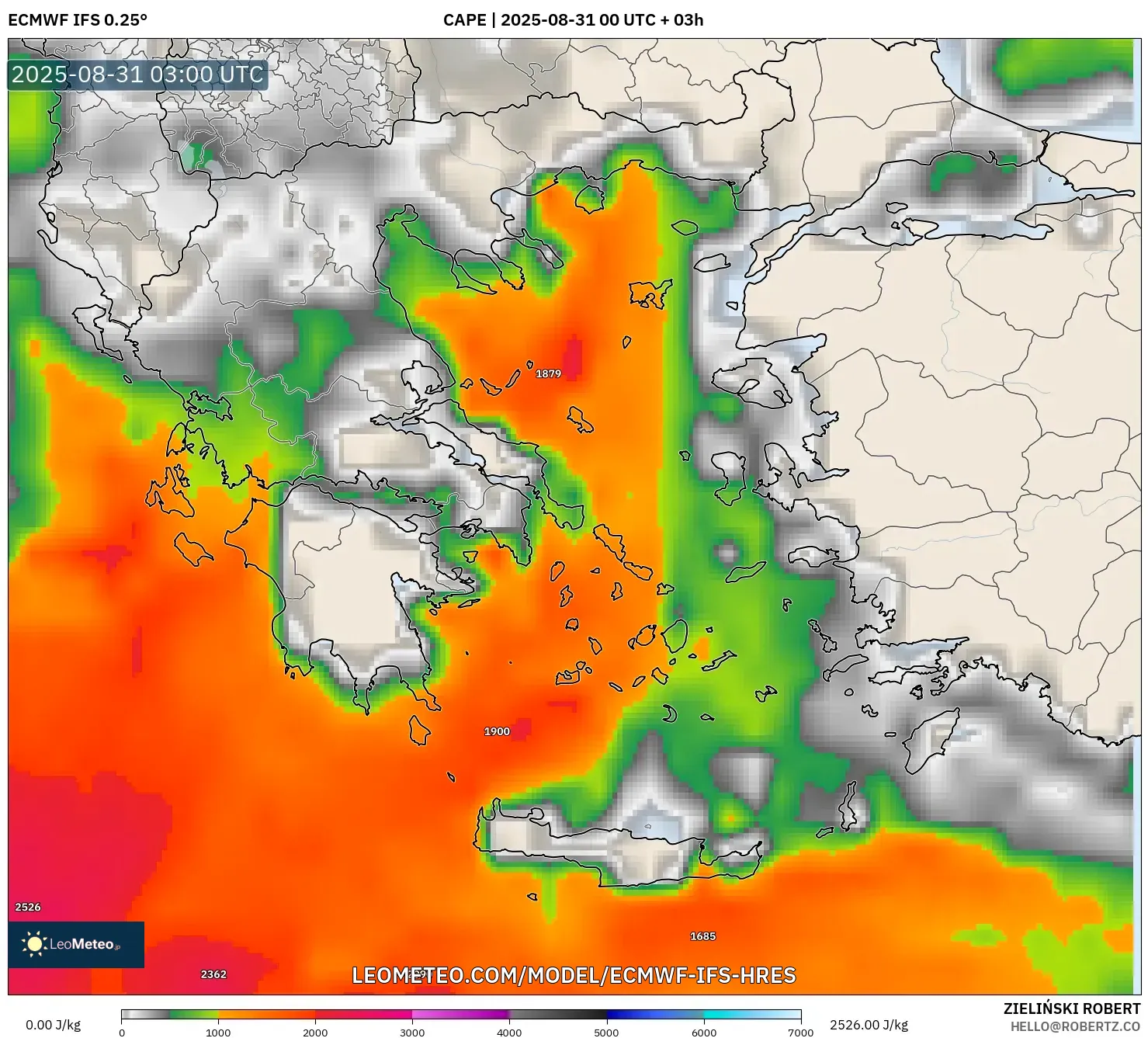 ECMWF IFS 0.25° model - Greece, CAPE ECMWF IFS 0.25° model - Greece, CAPE