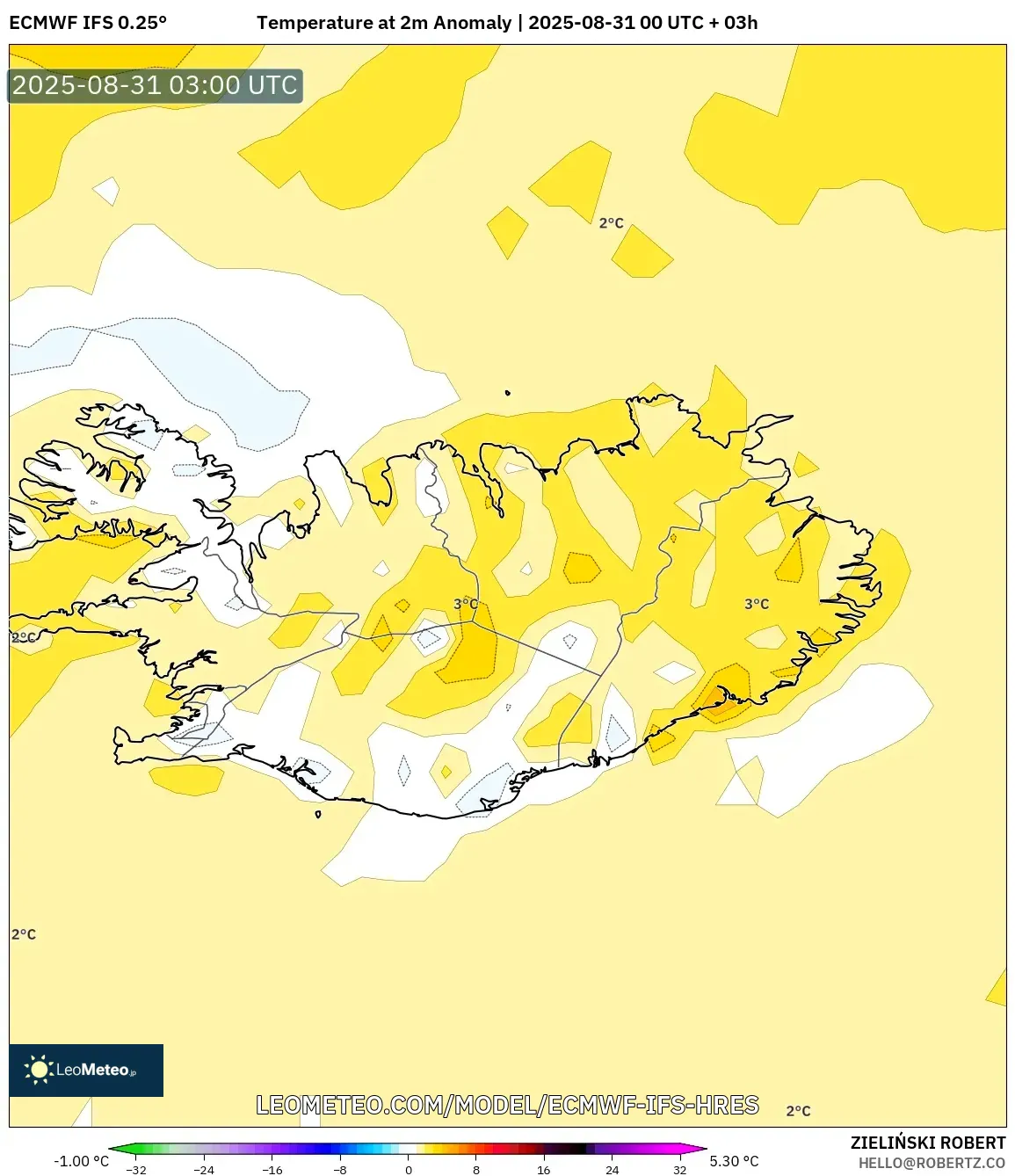 ECMWF IFS 0.25° model - Iceland, Temperature at 2m Anomaly ECMWF IFS 0.25° model - Iceland, Temperature at 2m Anomaly