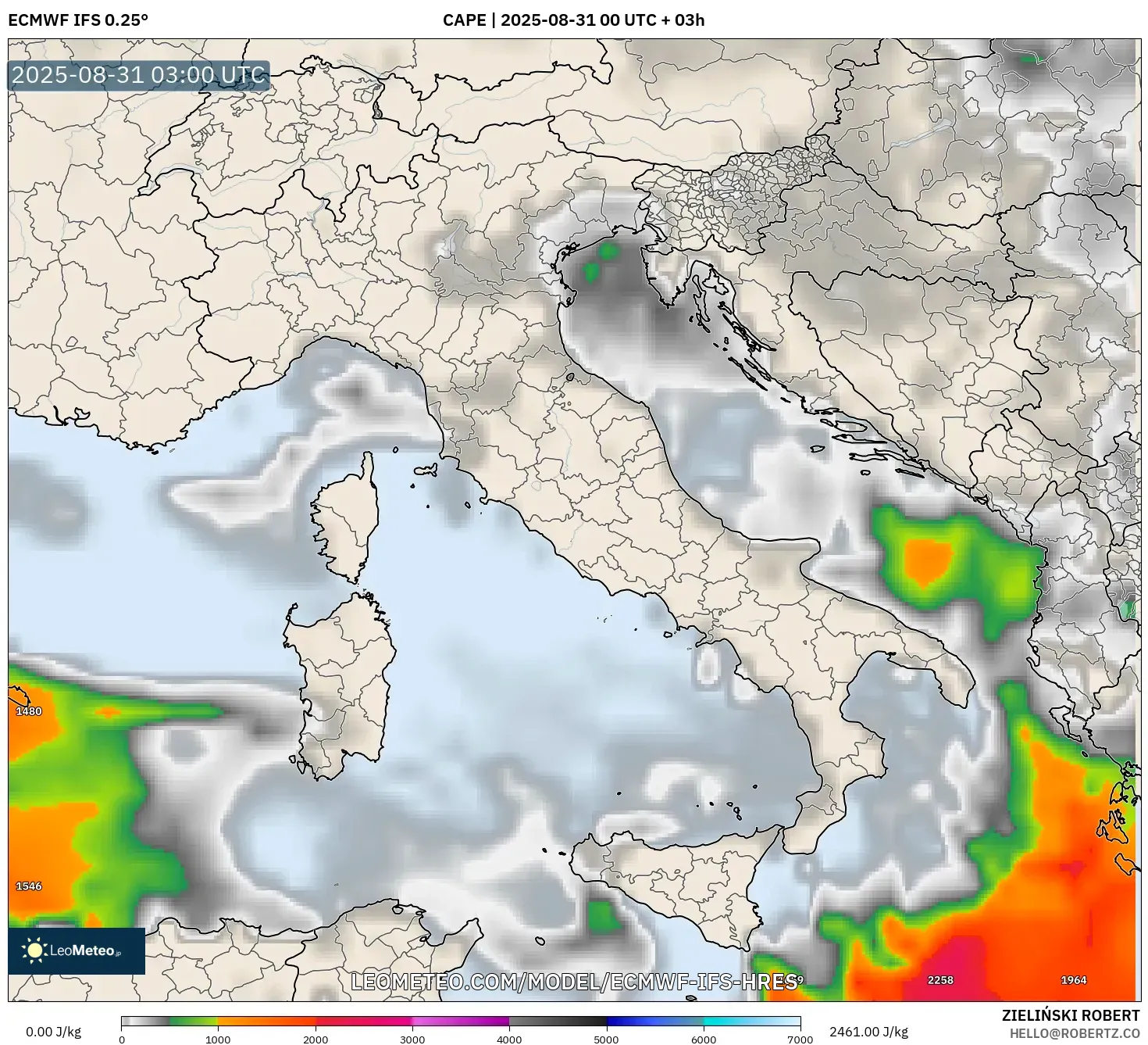 ECMWF IFS 0.25° model - Italy, CAPE ECMWF IFS 0.25° model - Italy, CAPE