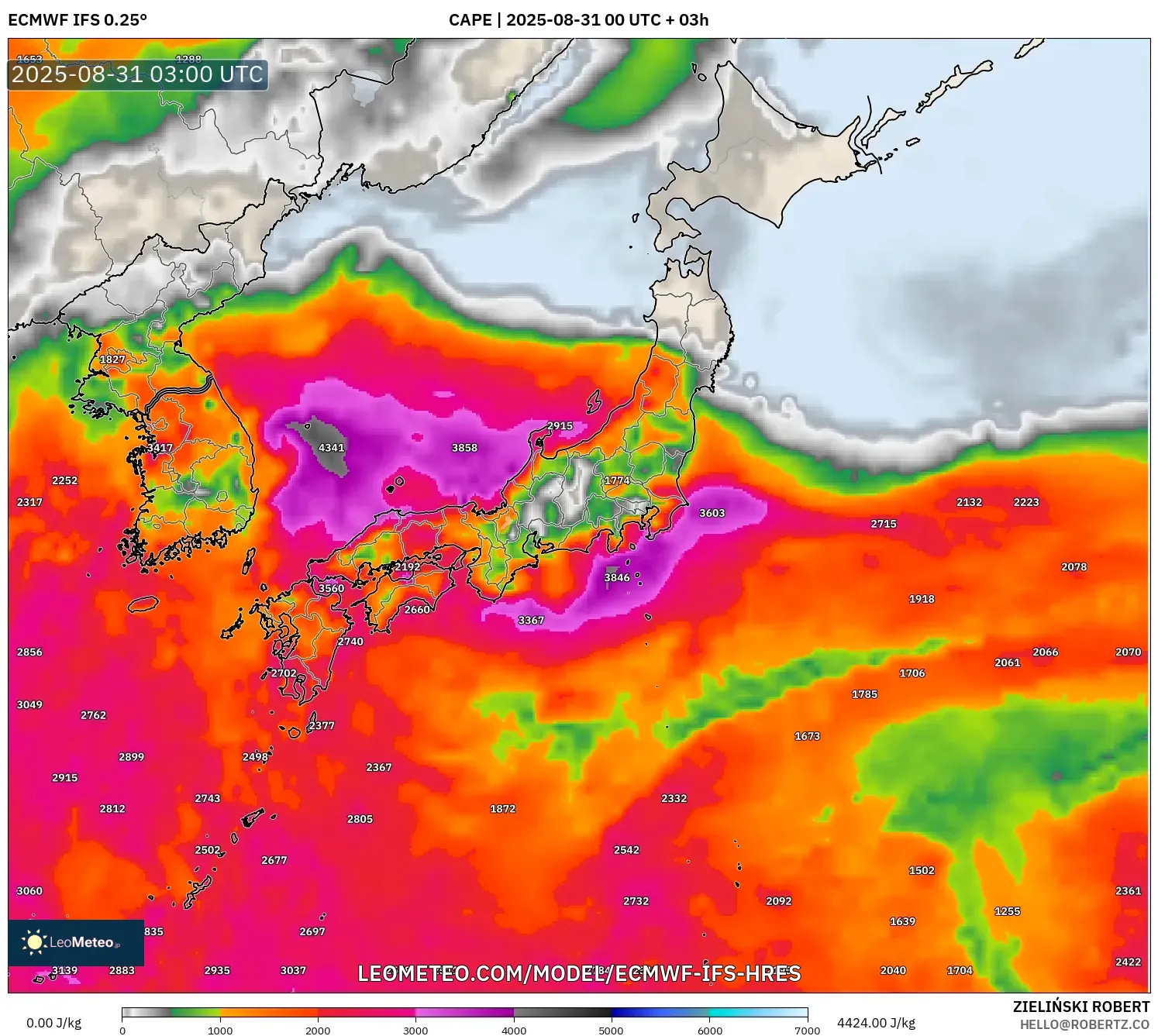 ECMWF IFS 0.25° model - Japan, CAPE ECMWF IFS 0.25° model - Japan, CAPE