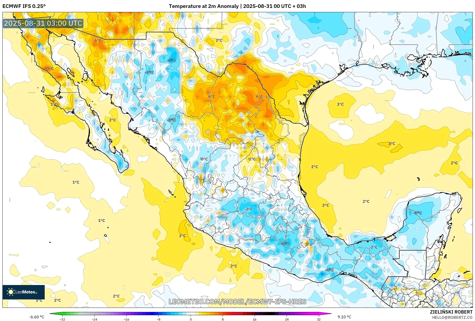 ECMWF IFS 0.25° model - Mexico, Temperature at 2m Anomaly