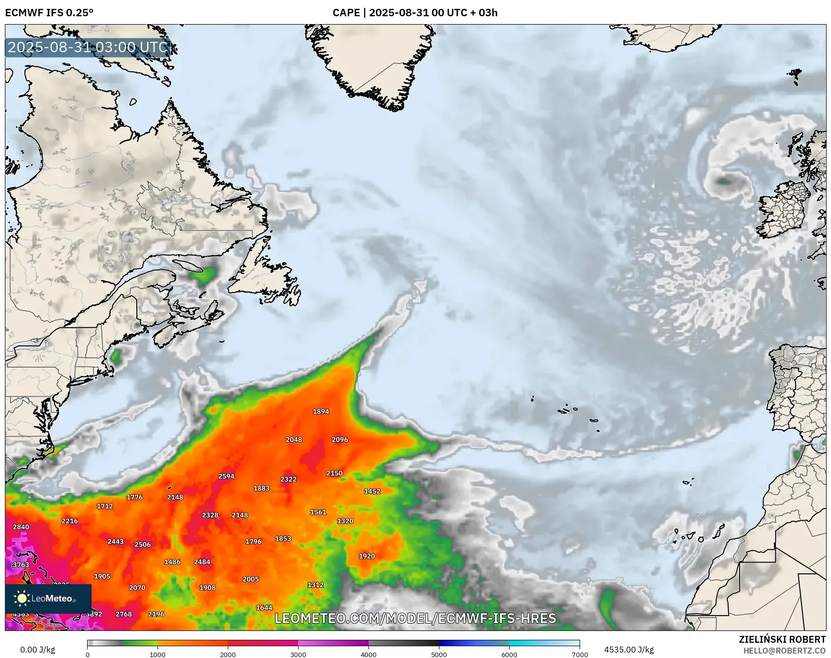 ECMWF IFS 0.25° model - North Atlantic, CAPE