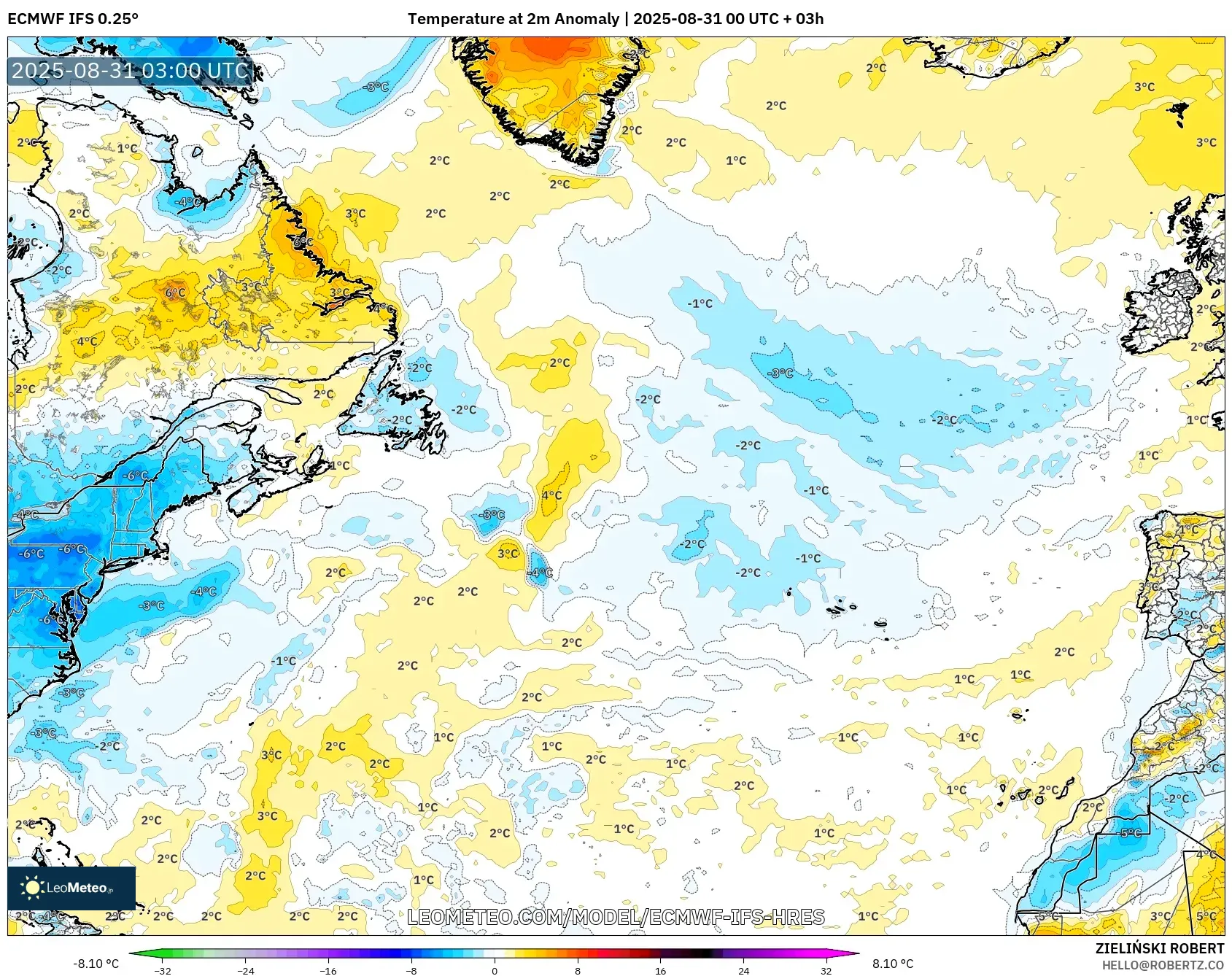 ECMWF IFS 0.25° model - North Atlantic, Temperature at 2m Anomaly ECMWF IFS 0.25° model - North Atlantic, Temperature at 2m Anomaly