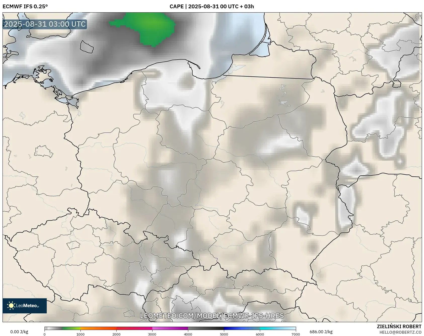 ECMWF IFS 0.25° model - Poland, CAPE ECMWF IFS 0.25° model - Poland, CAPE