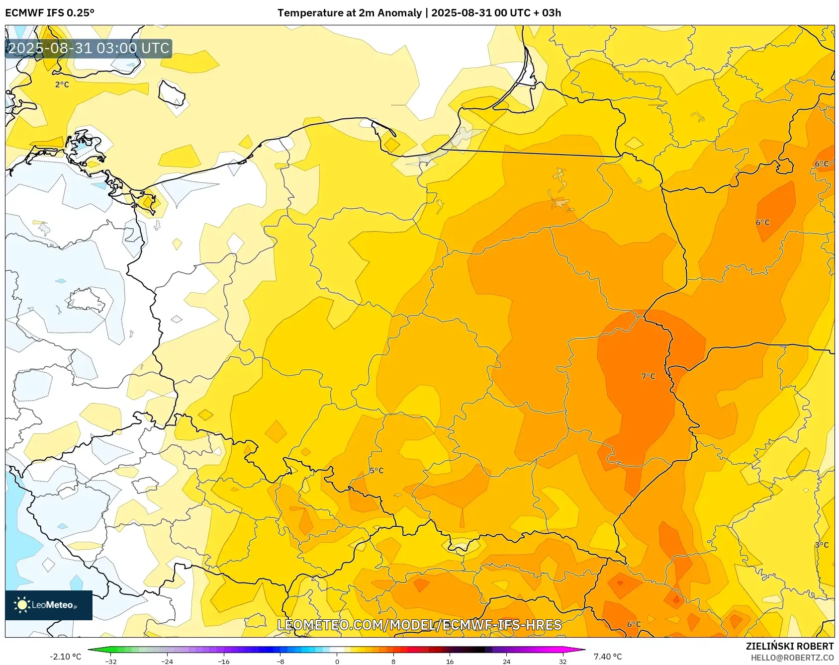 ECMWF IFS 0.25° model - Poland, Temperature at 2m Anomaly