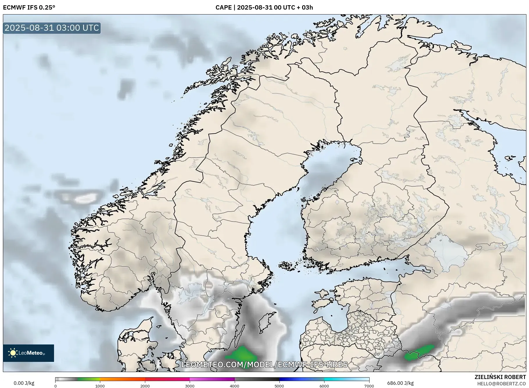 ECMWF IFS 0.25° model - Scandinavia, CAPE