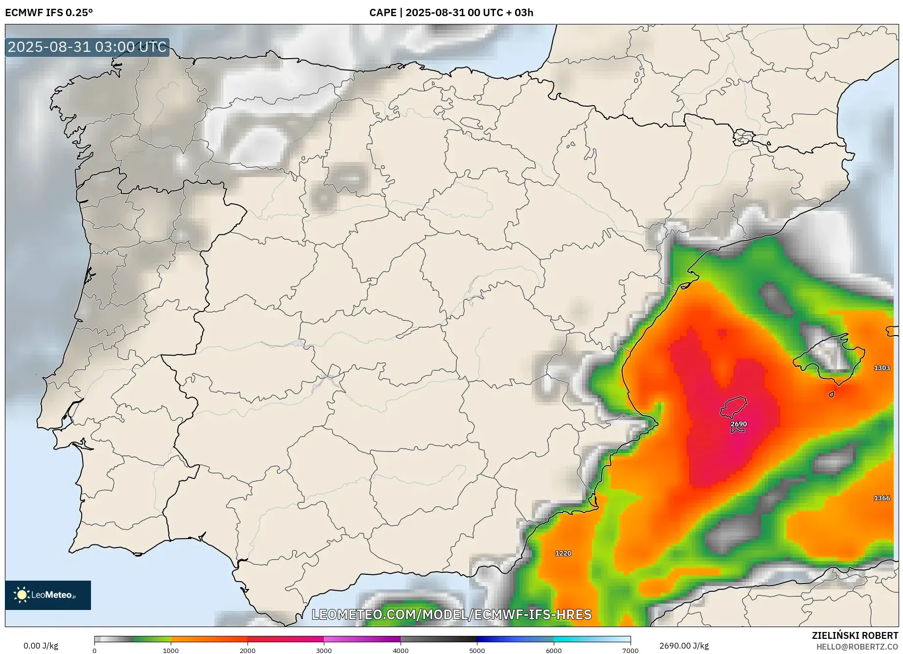 ECMWF IFS 0.25° model - Spain, CAPE ECMWF IFS 0.25° model - Spain, CAPE