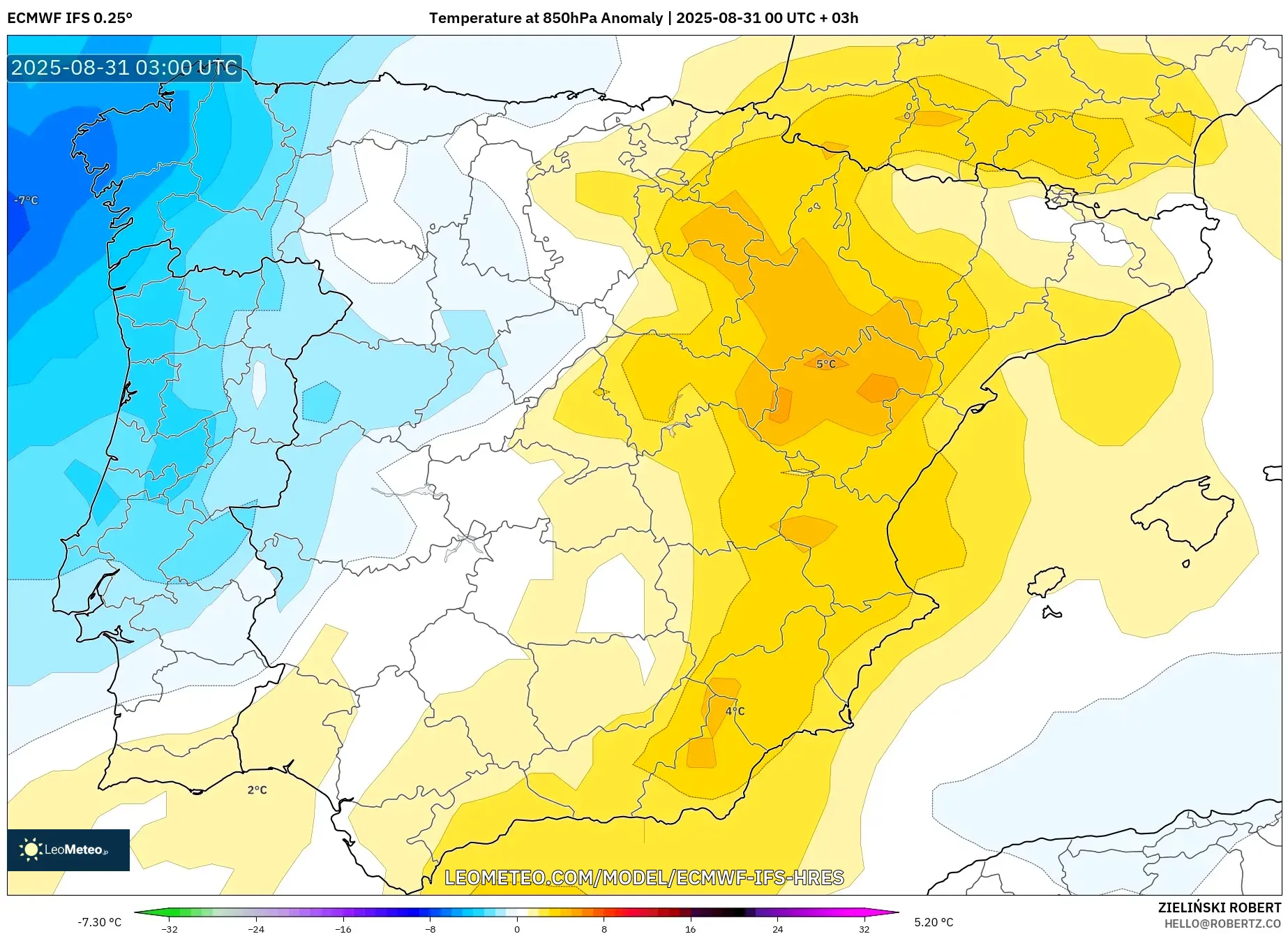 ECMWF IFS 0.25° model - Spain, Temperature at 850hPa Anomaly ECMWF IFS 0.25° model - Spain, Temperature at 850hPa Anomaly