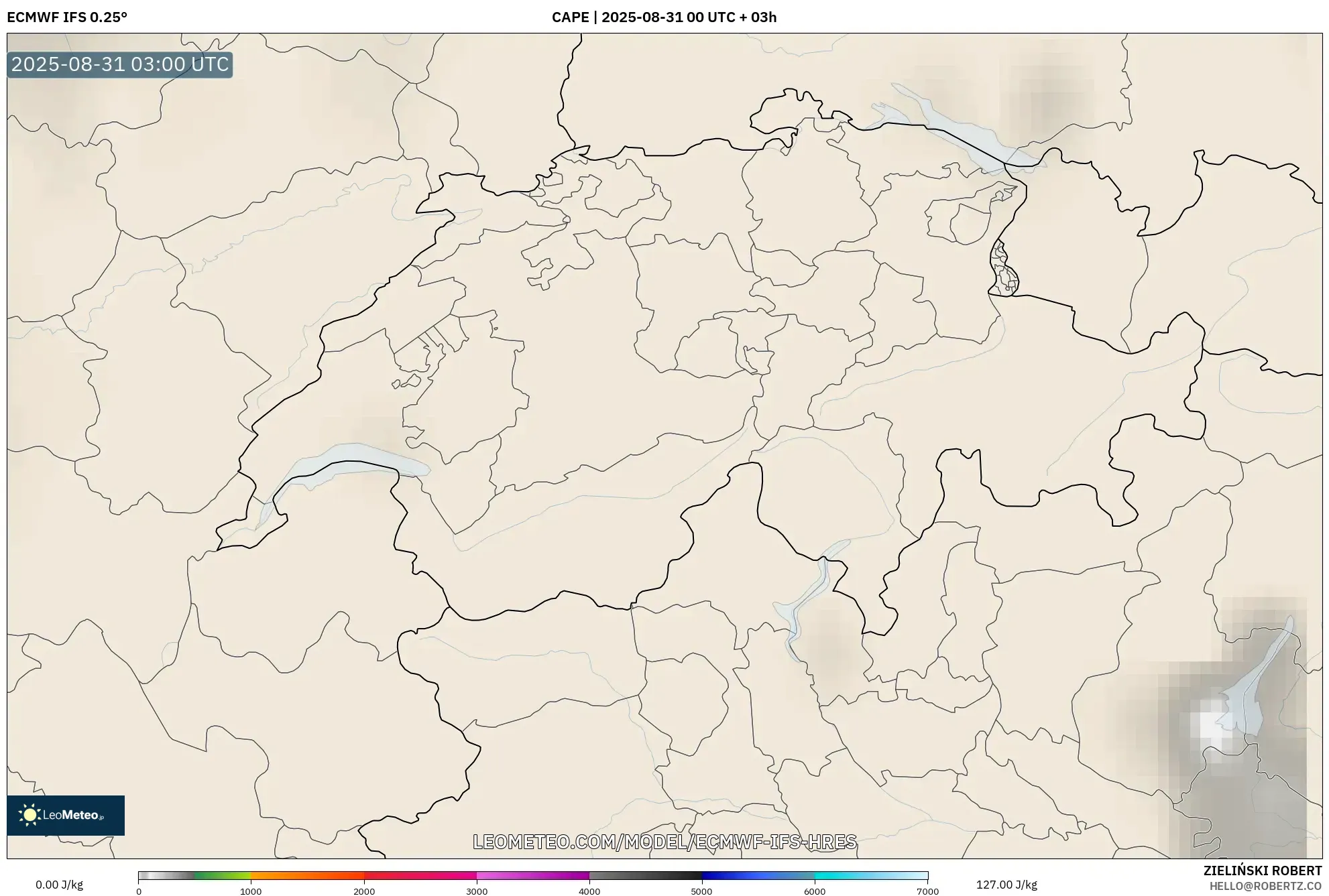 ECMWF IFS 0.25° model - Switzerland, CAPE ECMWF IFS 0.25° model - Switzerland, CAPE