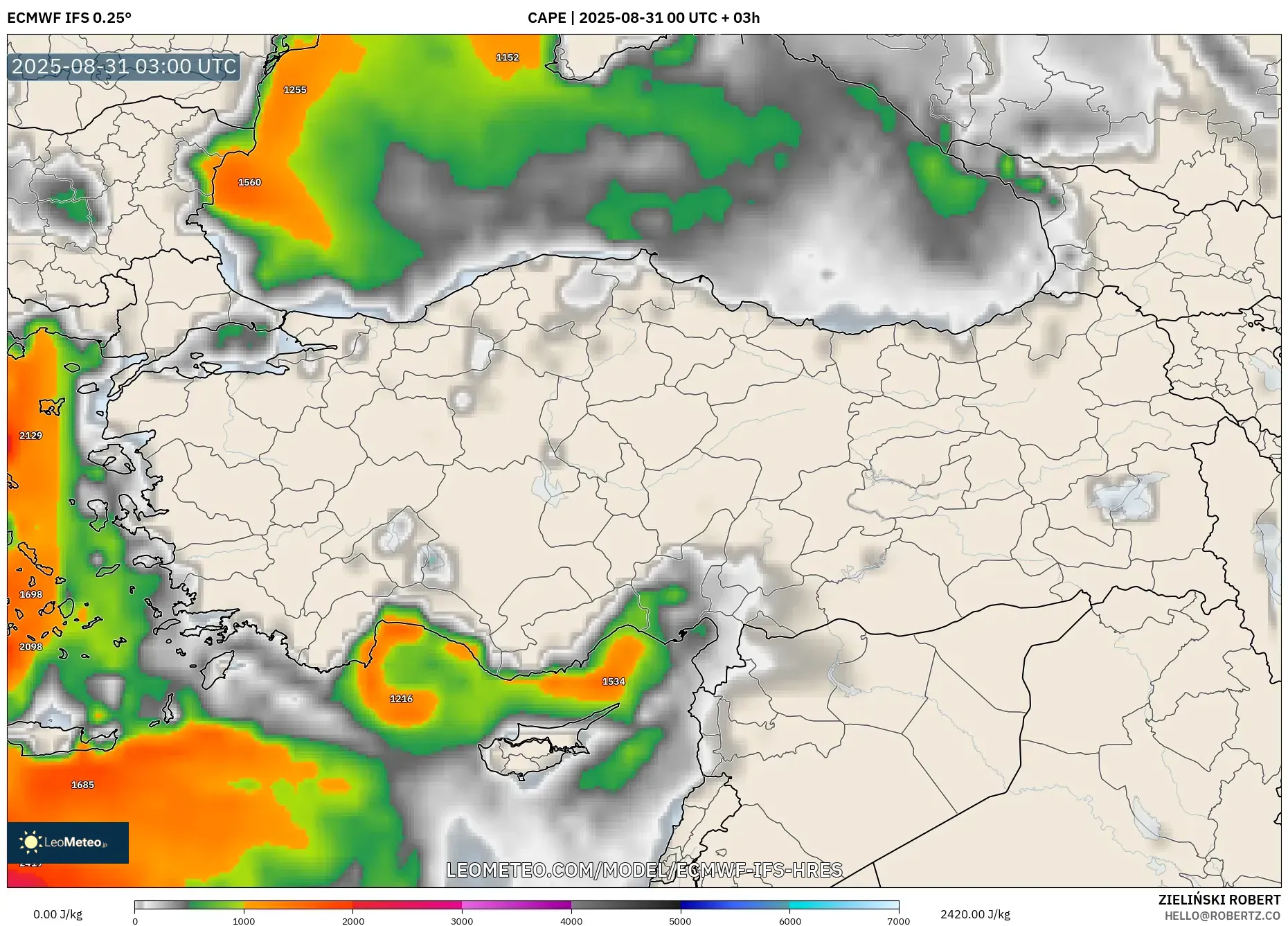 ECMWF IFS 0.25° model - Turkey, CAPE ECMWF IFS 0.25° model - Turkey, CAPE