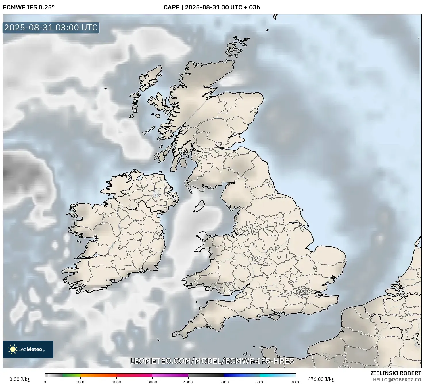 ECMWF IFS 0.25° model - United Kingdom, CAPE ECMWF IFS 0.25° model - United Kingdom, CAPE
