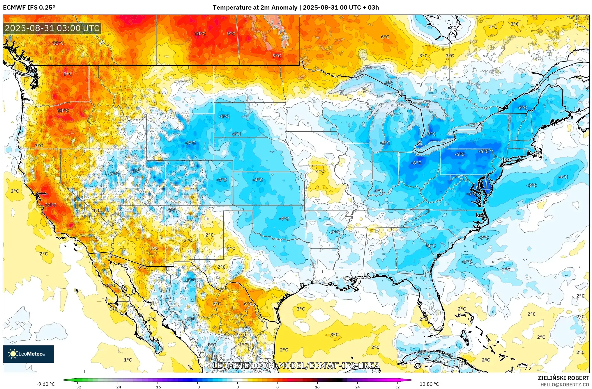 ECMWF IFS 0.25° model - United States, Temperature at 2m Anomaly ECMWF IFS 0.25° model - United States, Temperature at 2m Anomaly