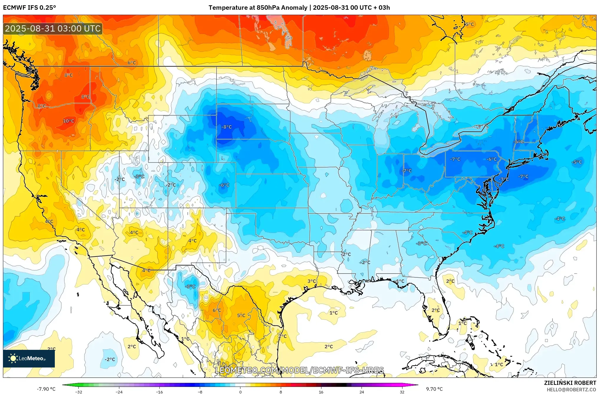 ECMWF IFS 0.25° model - United States, Temperature at 850hPa Anomaly