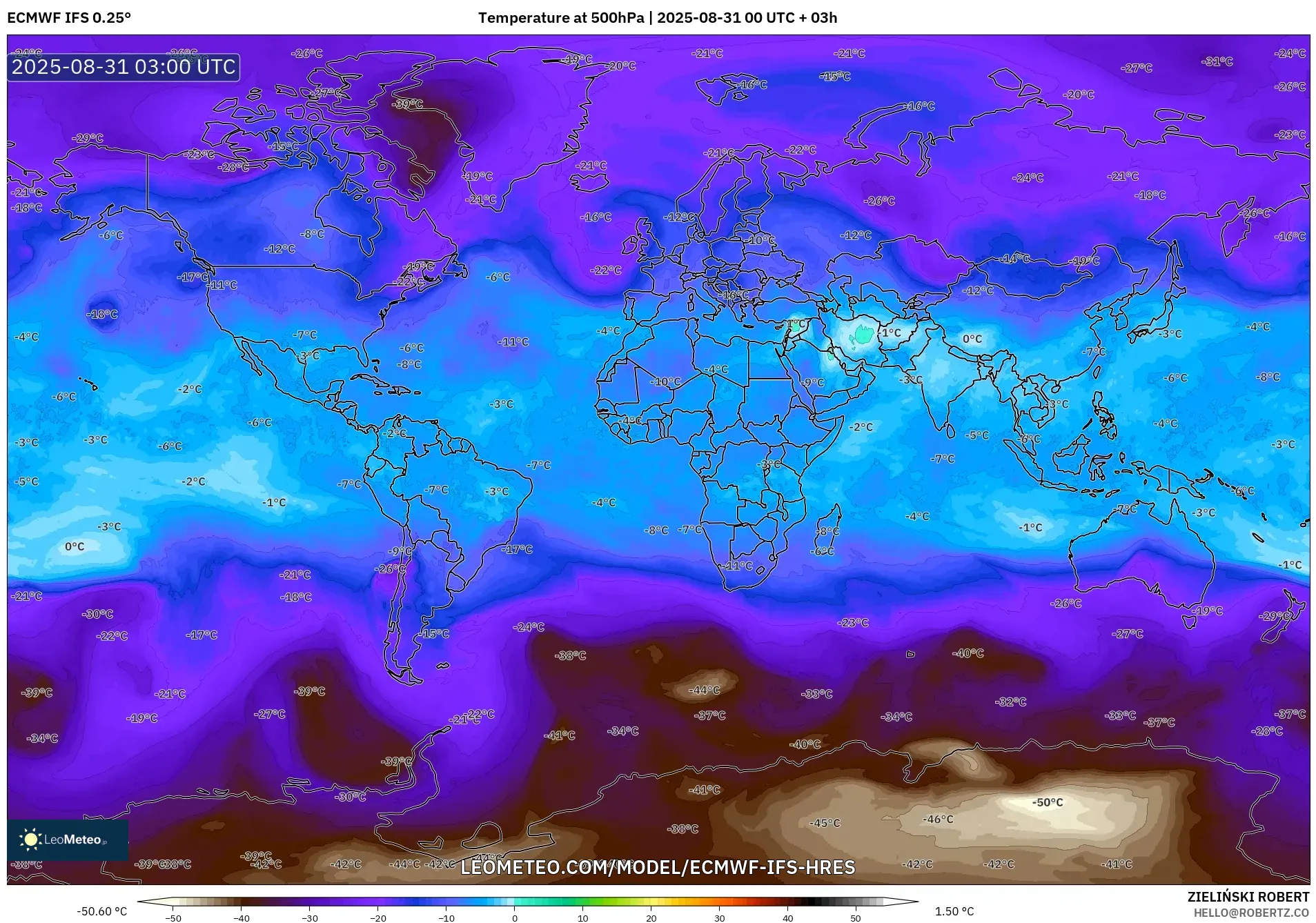 ECMWF IFS 0.25° model - World, Temperature at 500hPa ECMWF IFS 0.25° model - World, Temperature at 500hPa