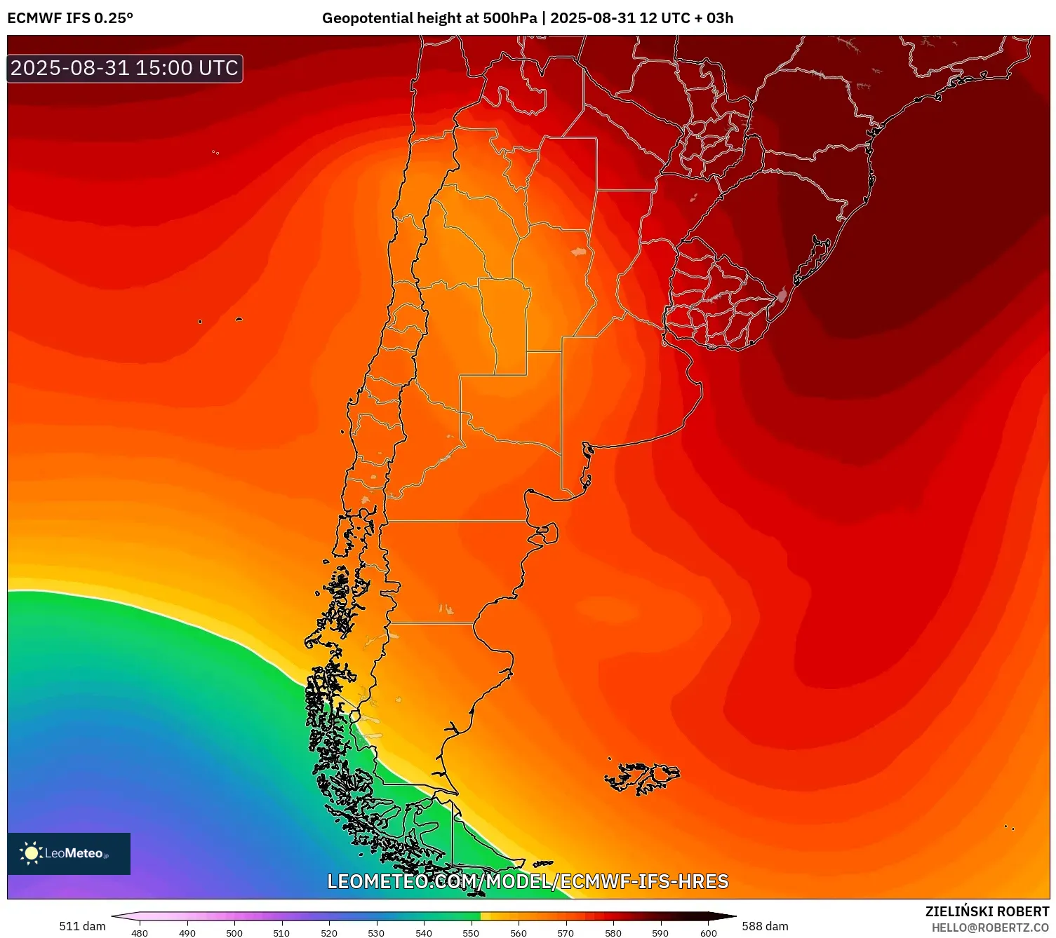 ECMWF IFS 0.25° model - Argentina, Geopotential height at 500hPa ECMWF IFS 0.25° model - Argentina, Geopotential height at 500hPa