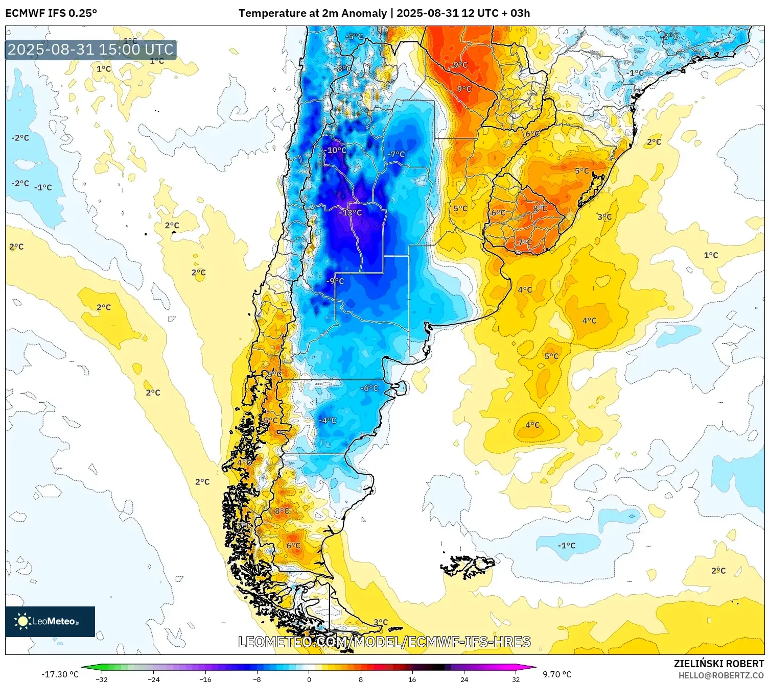 ECMWF IFS 0.25° model - Argentina, Temperature at 2m Anomaly ECMWF IFS 0.25° model - Argentina, Temperature at 2m Anomaly