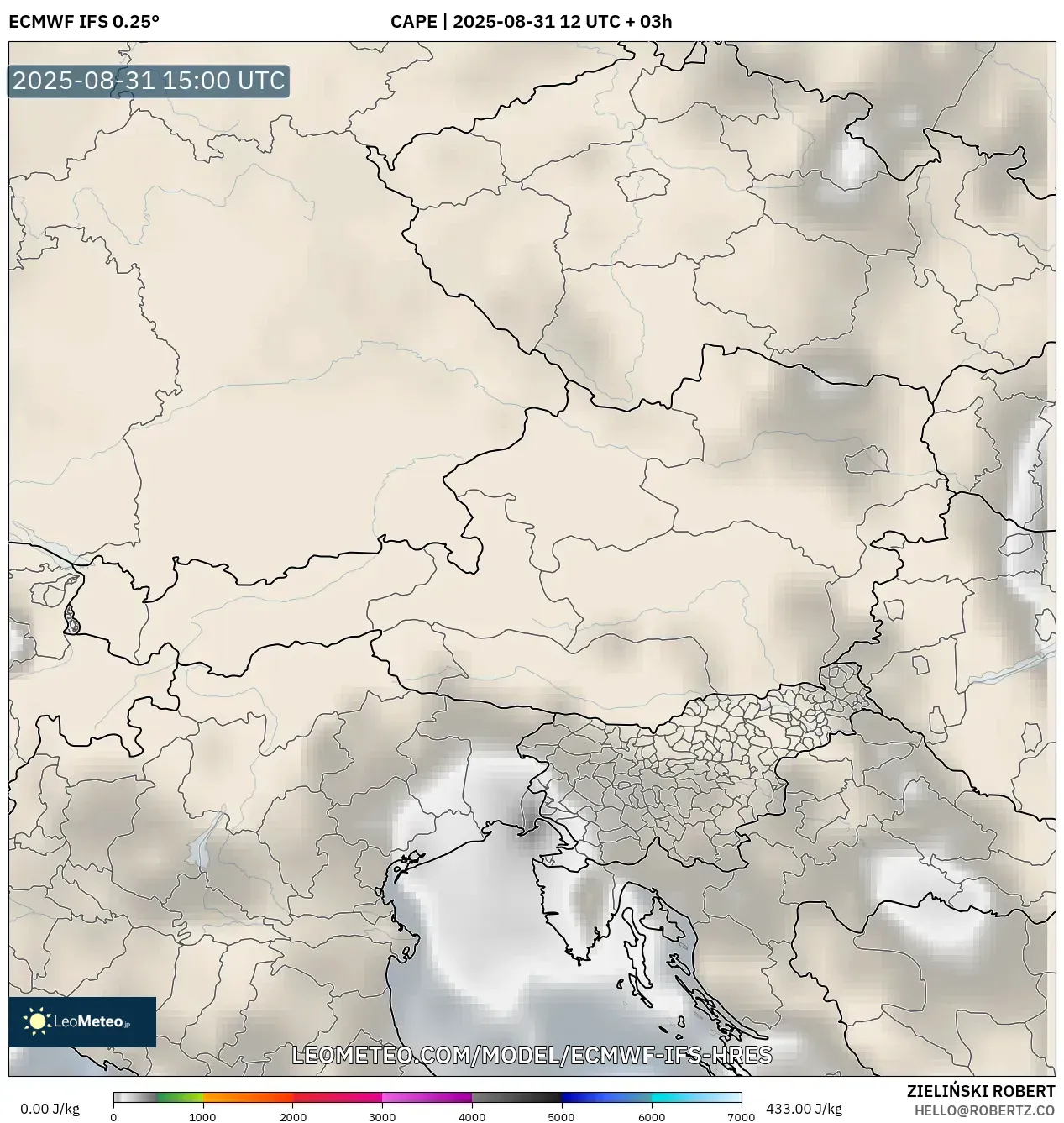 ECMWF IFS 0.25° model - Austria, CAPE ECMWF IFS 0.25° model - Austria, CAPE