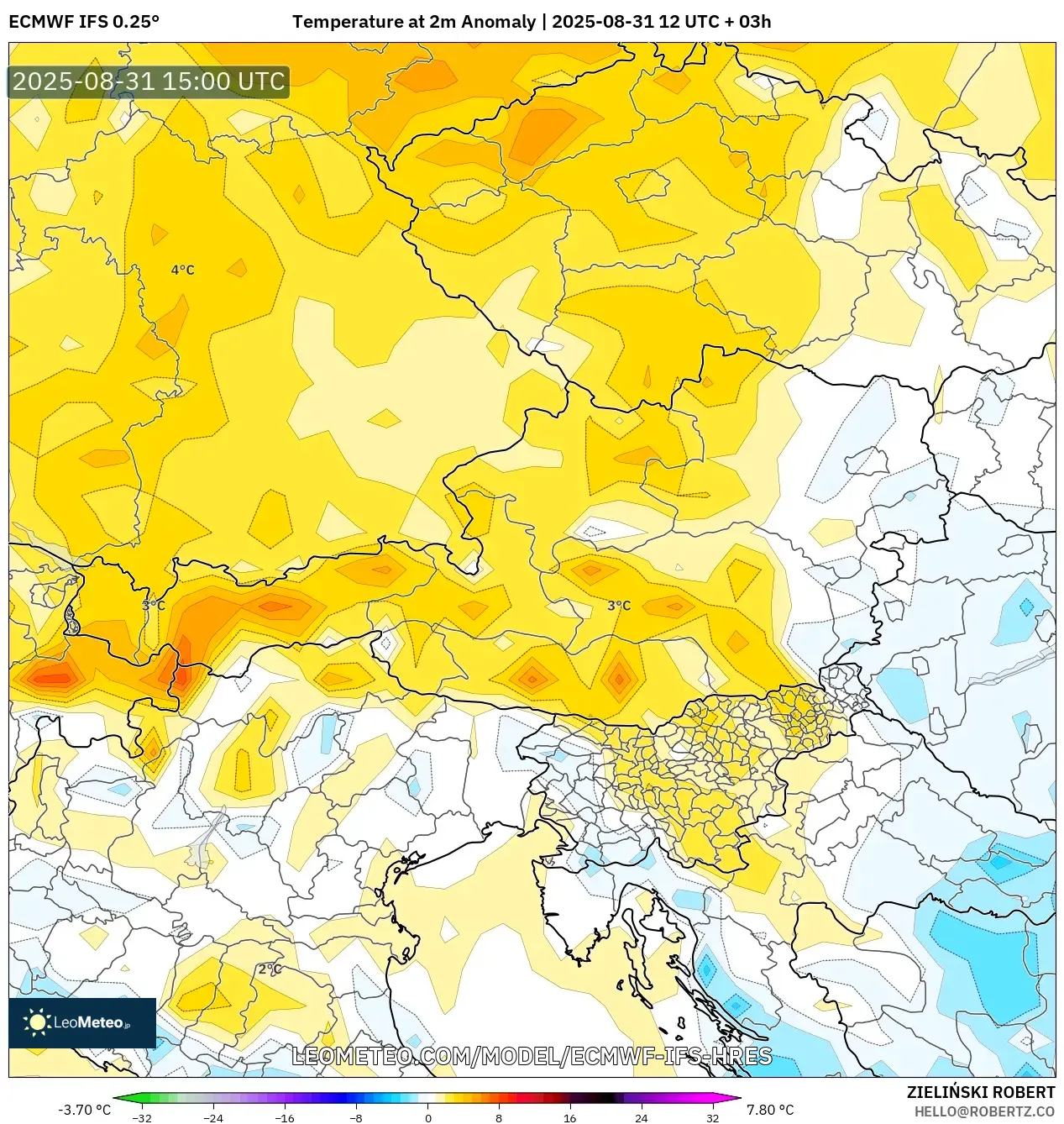 ECMWF IFS 0.25° model - Austria, Temperature at 2m Anomaly ECMWF IFS 0.25° model - Austria, Temperature at 2m Anomaly