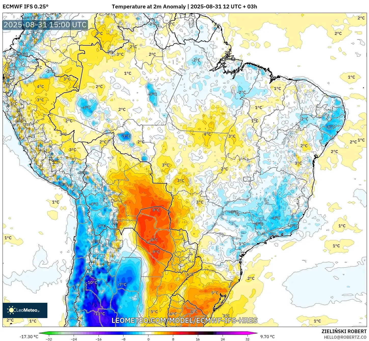 ECMWF IFS 0.25° model - Brazil, Temperature at 2m Anomaly