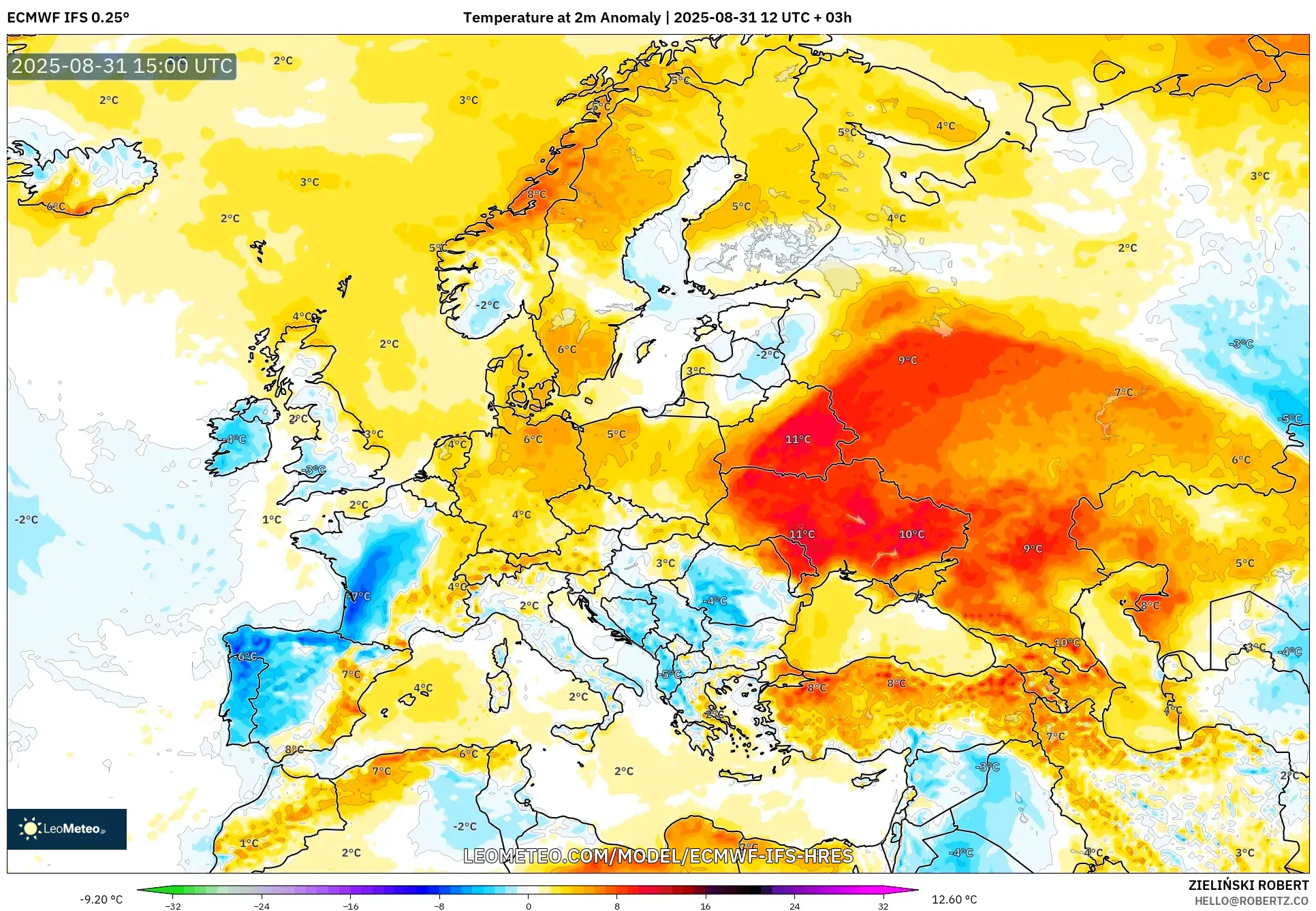 ECMWF IFS 0.25° model - Europe, Temperature at 2m Anomaly ECMWF IFS 0.25° model - Europe, Temperature at 2m Anomaly