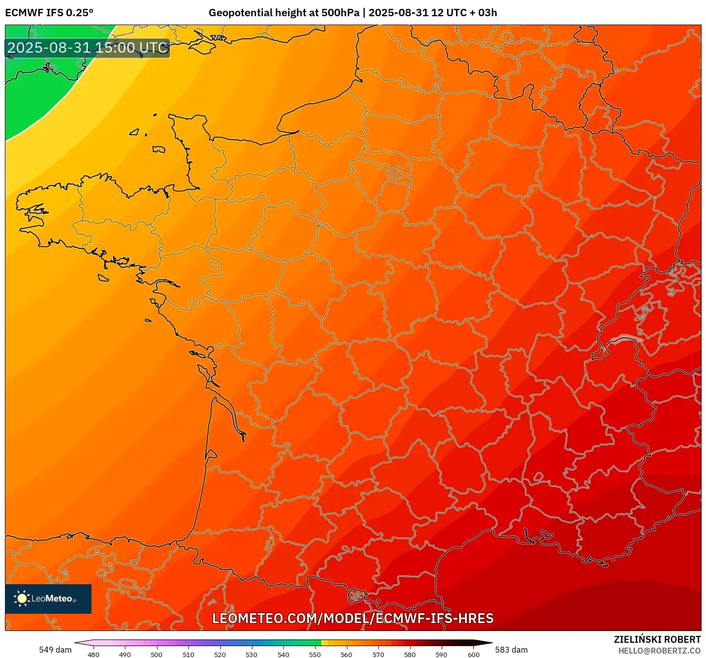 ECMWF IFS 0.25° model - France, Geopotential height at 500hPa ECMWF IFS 0.25° model - France, Geopotential height at 500hPa