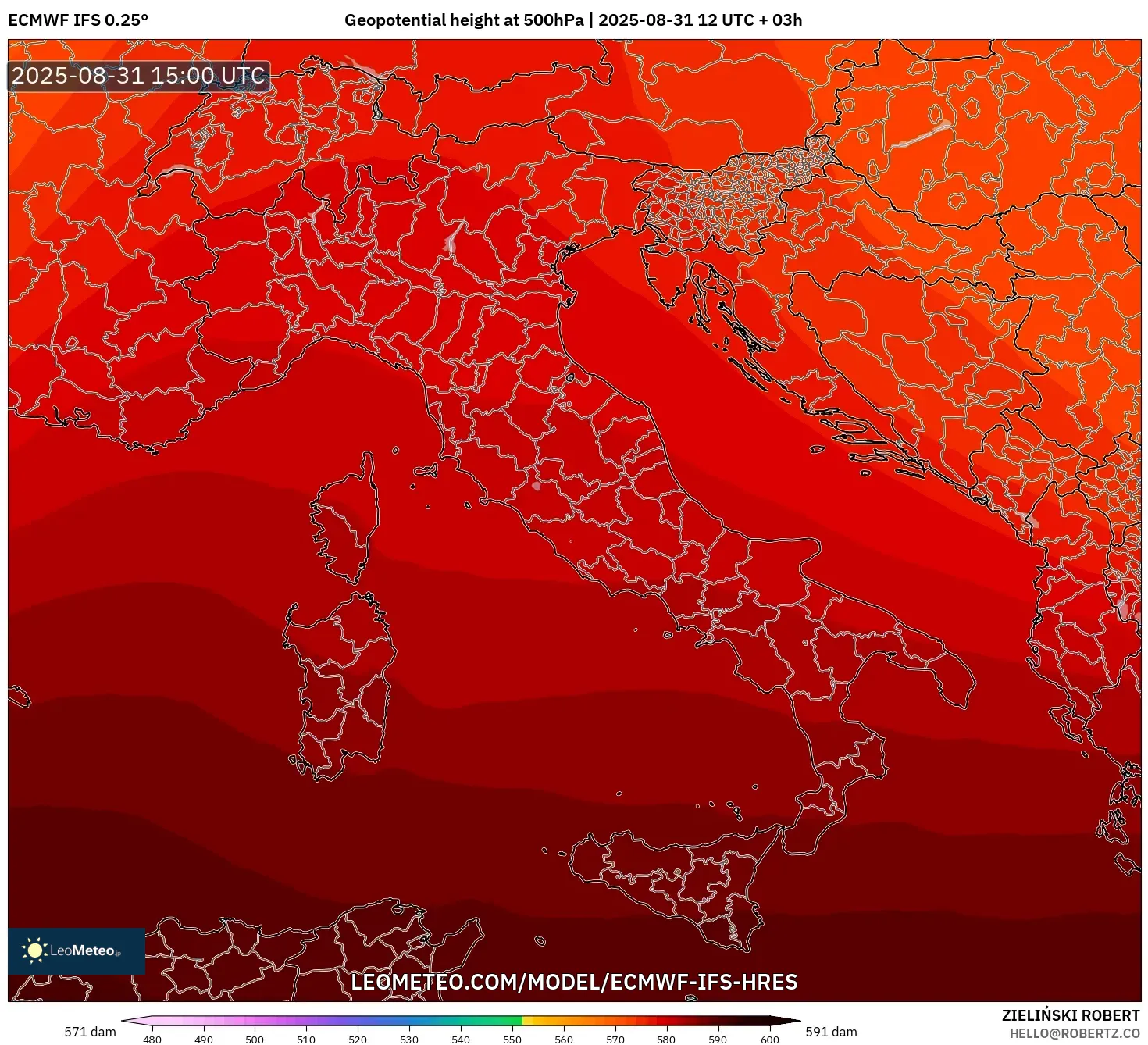 ECMWF IFS 0.25° model - Italy, Geopotential height at 500hPa